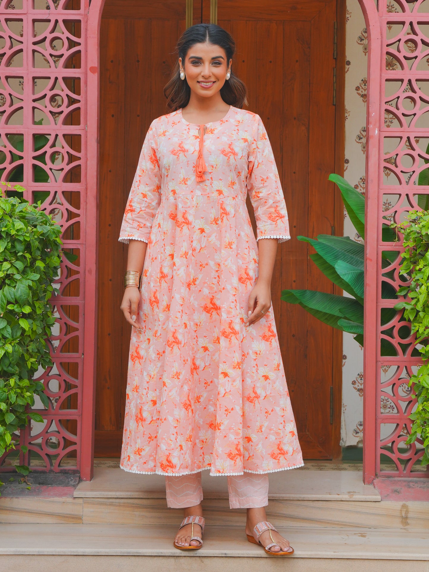 Soft Cotton Floral Flared Peach Kurta