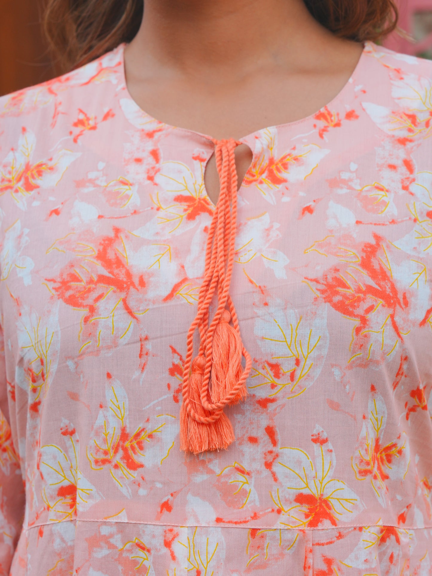 Soft Cotton Floral Flared Peach Kurta