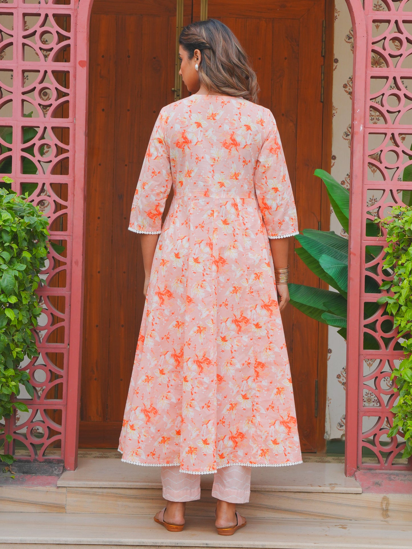 Soft Cotton Floral Flared Peach Kurta