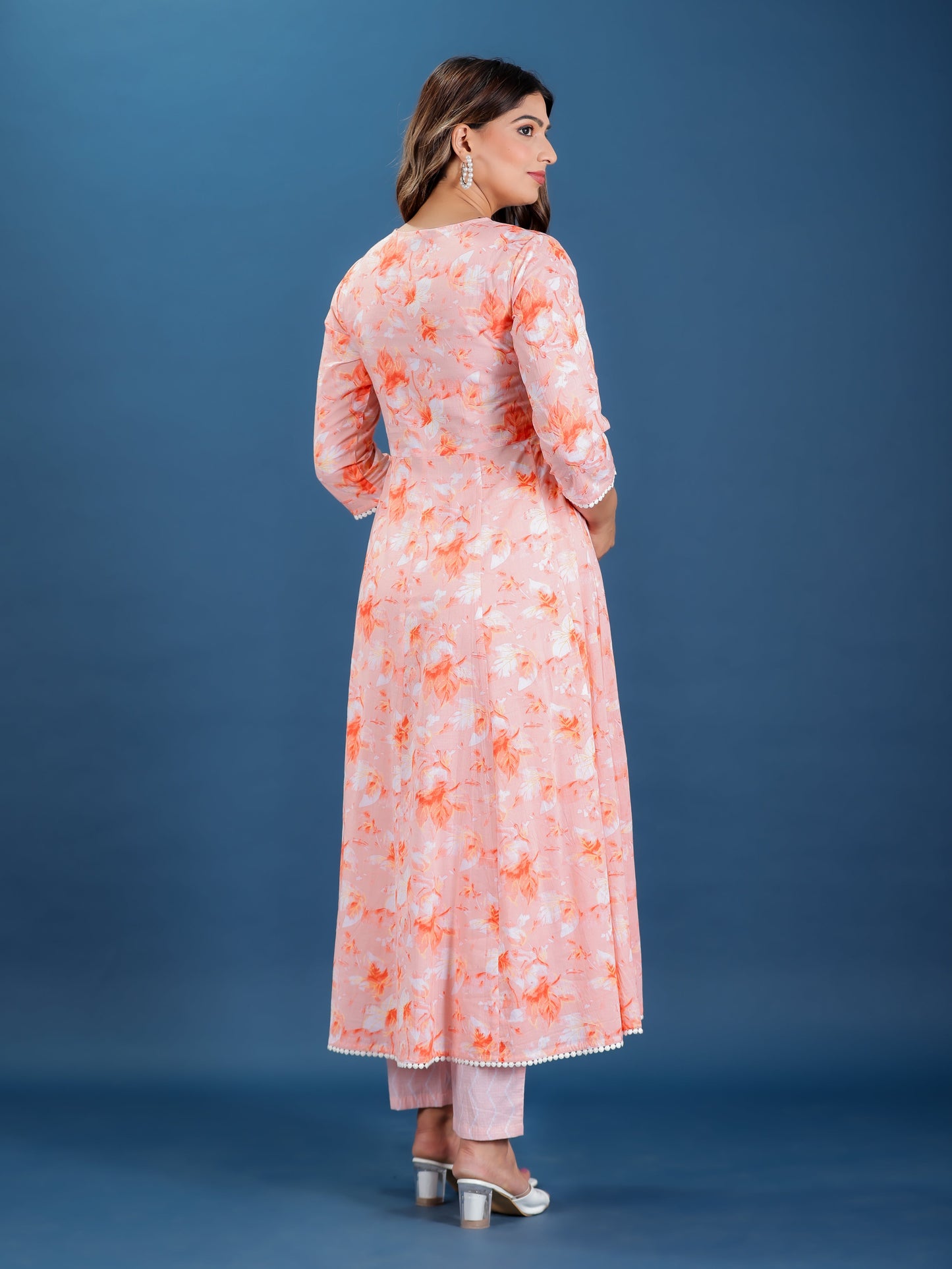Soft Cotton Floral Flared Peach Kurta