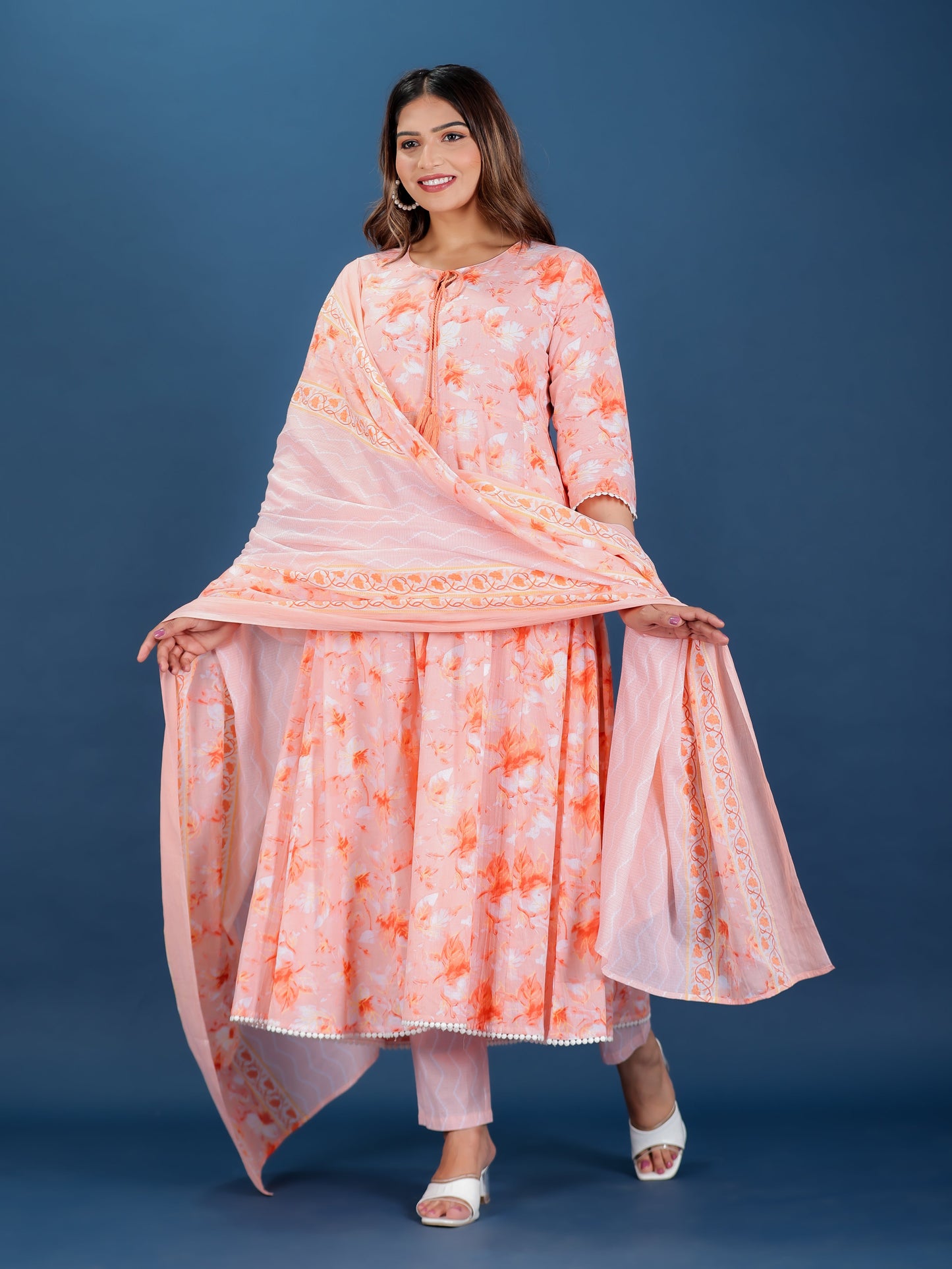 Soft Cotton Floral Flared Peach Kurta