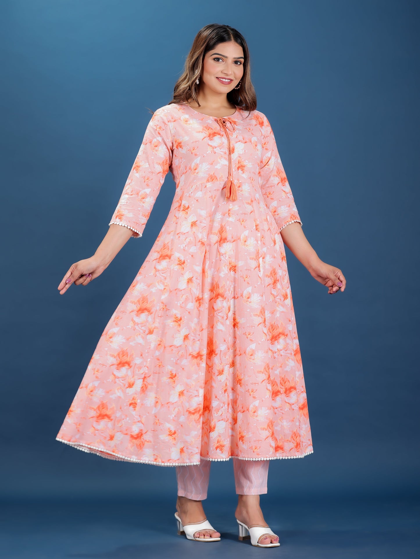 Soft Cotton Floral Flared Peach Kurta