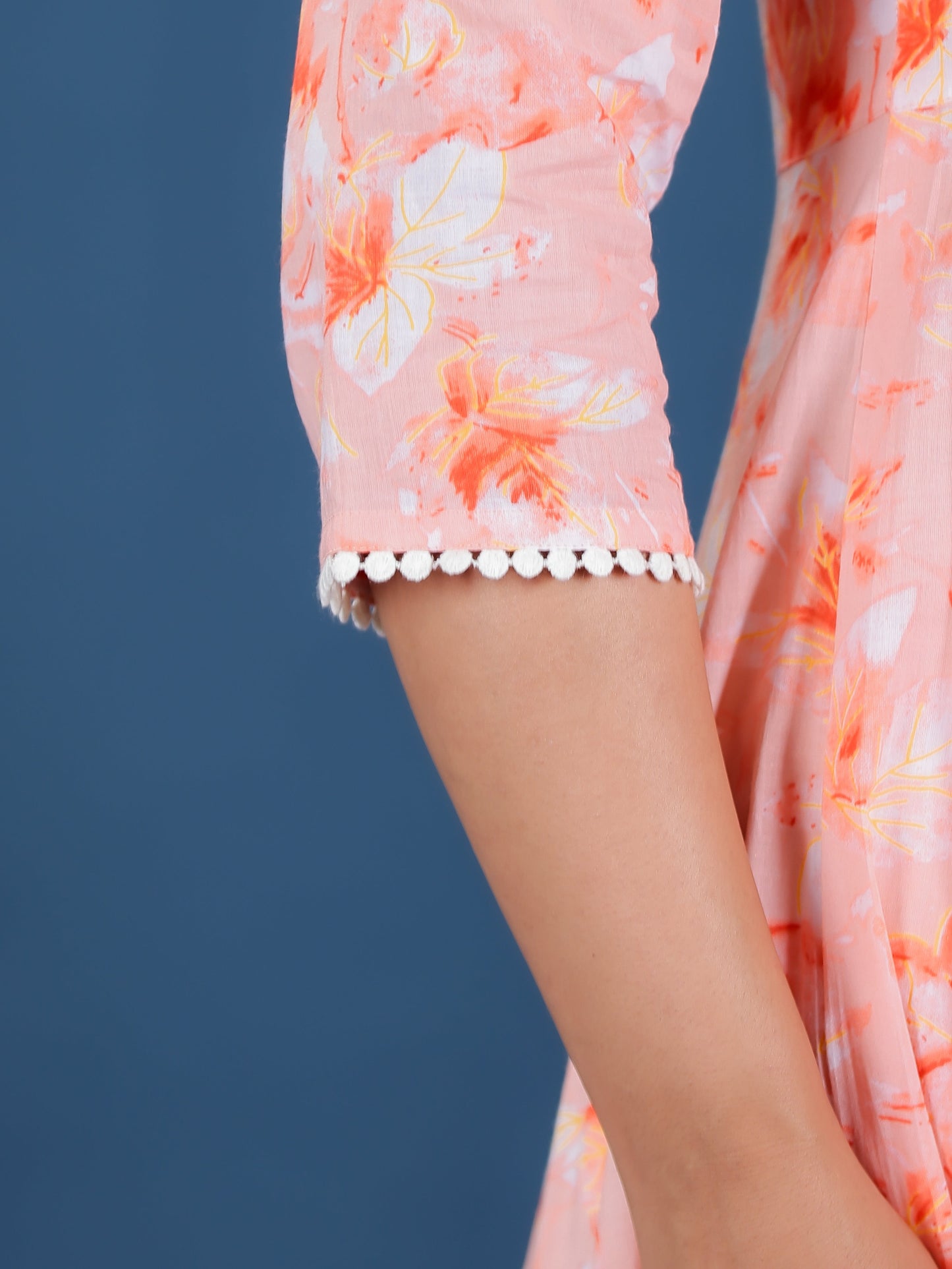 Soft Cotton Floral Flared Peach Kurta