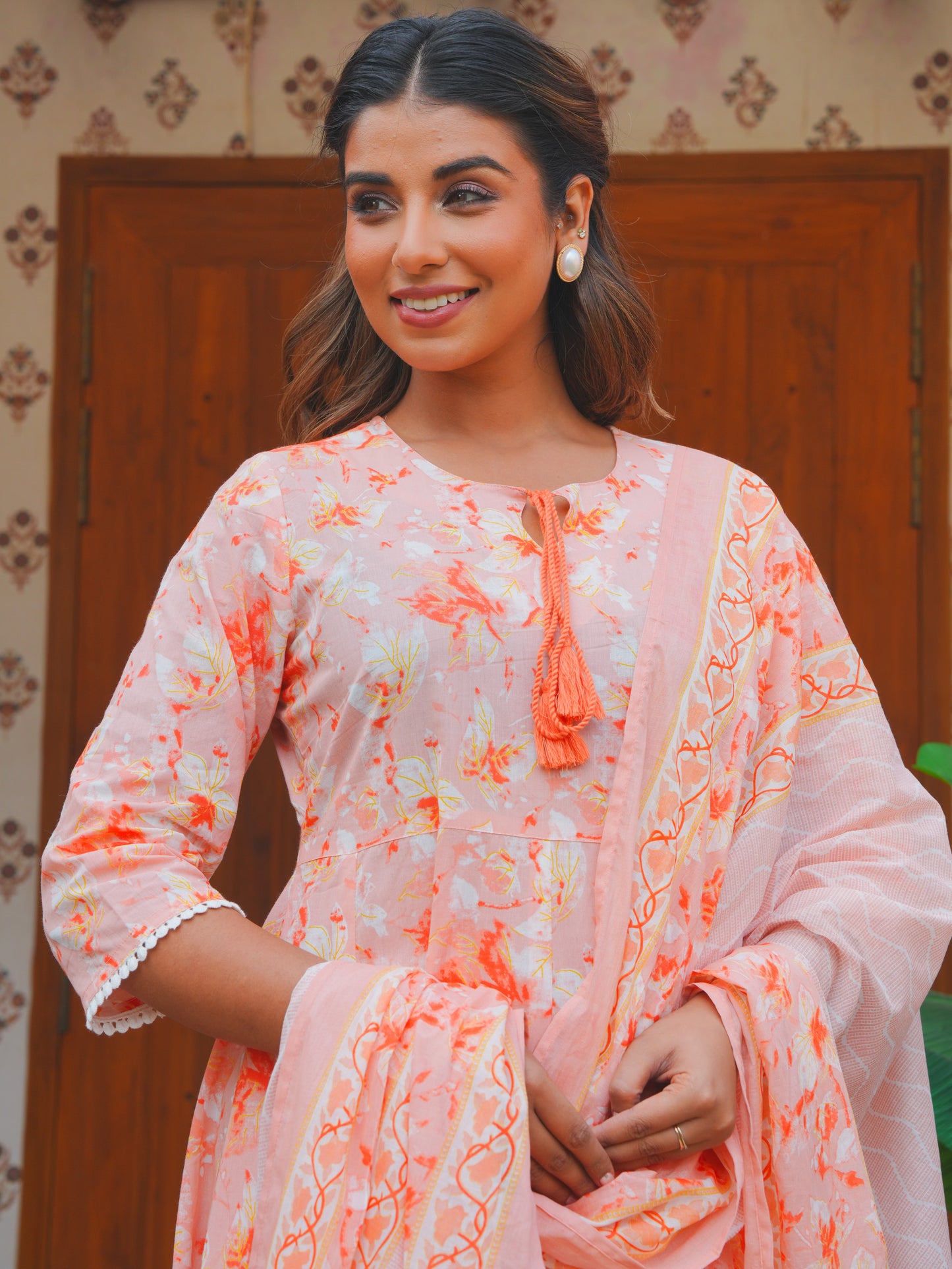 Soft Cotton Floral Flared Peach Kurta