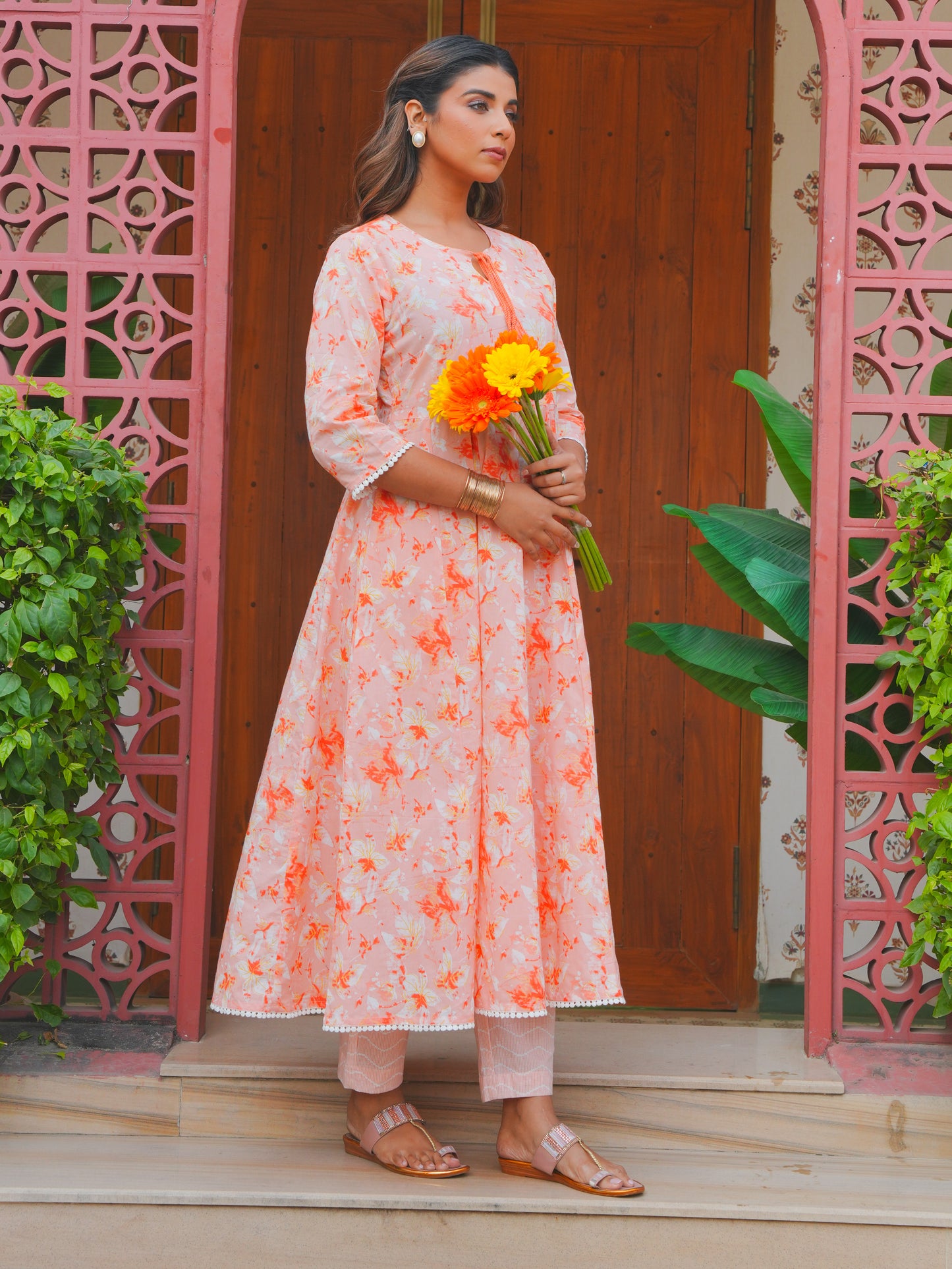 Soft Cotton Floral Flared Peach Kurta