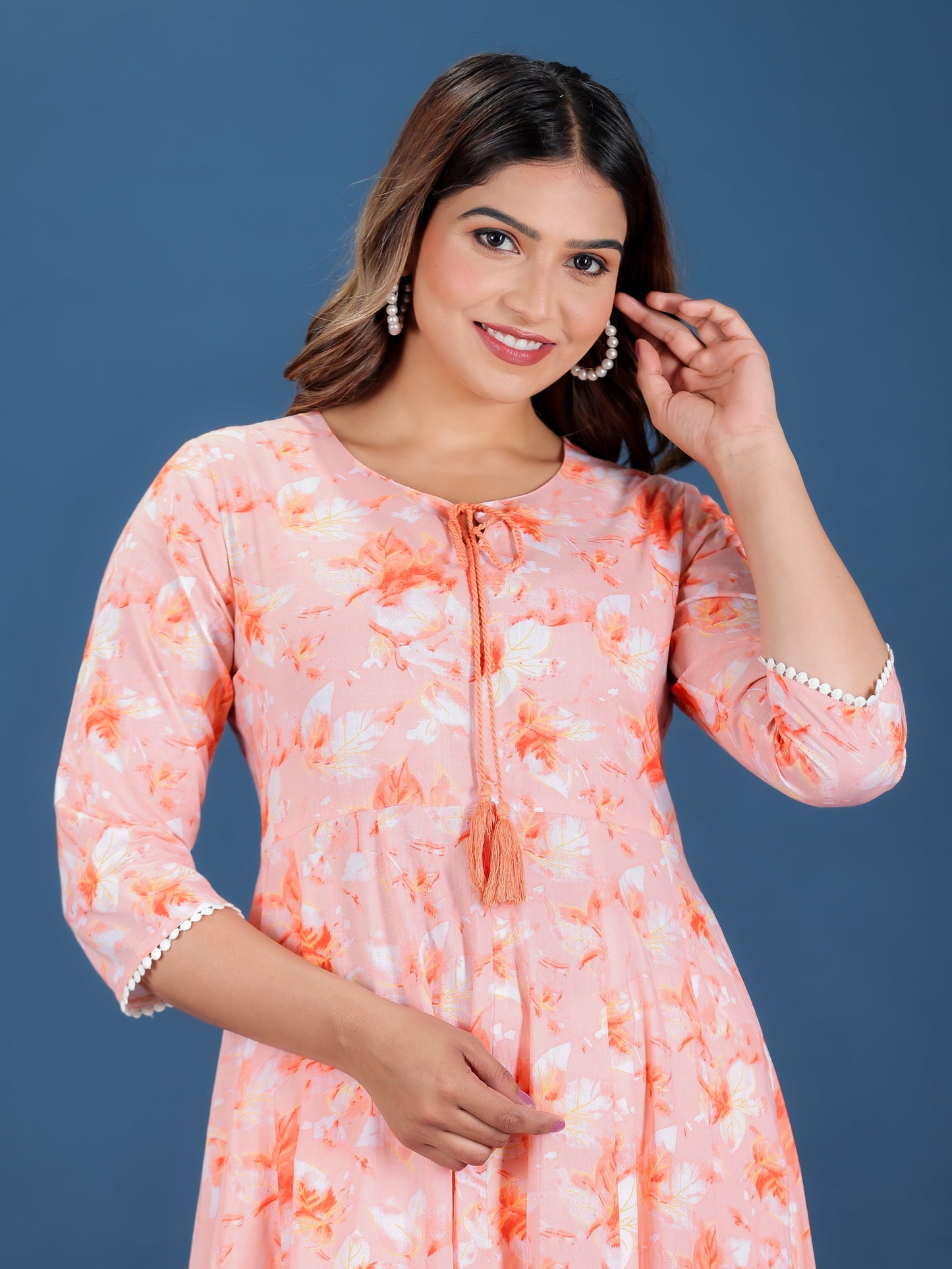 Soft Cotton Floral Flared Peach Kurta