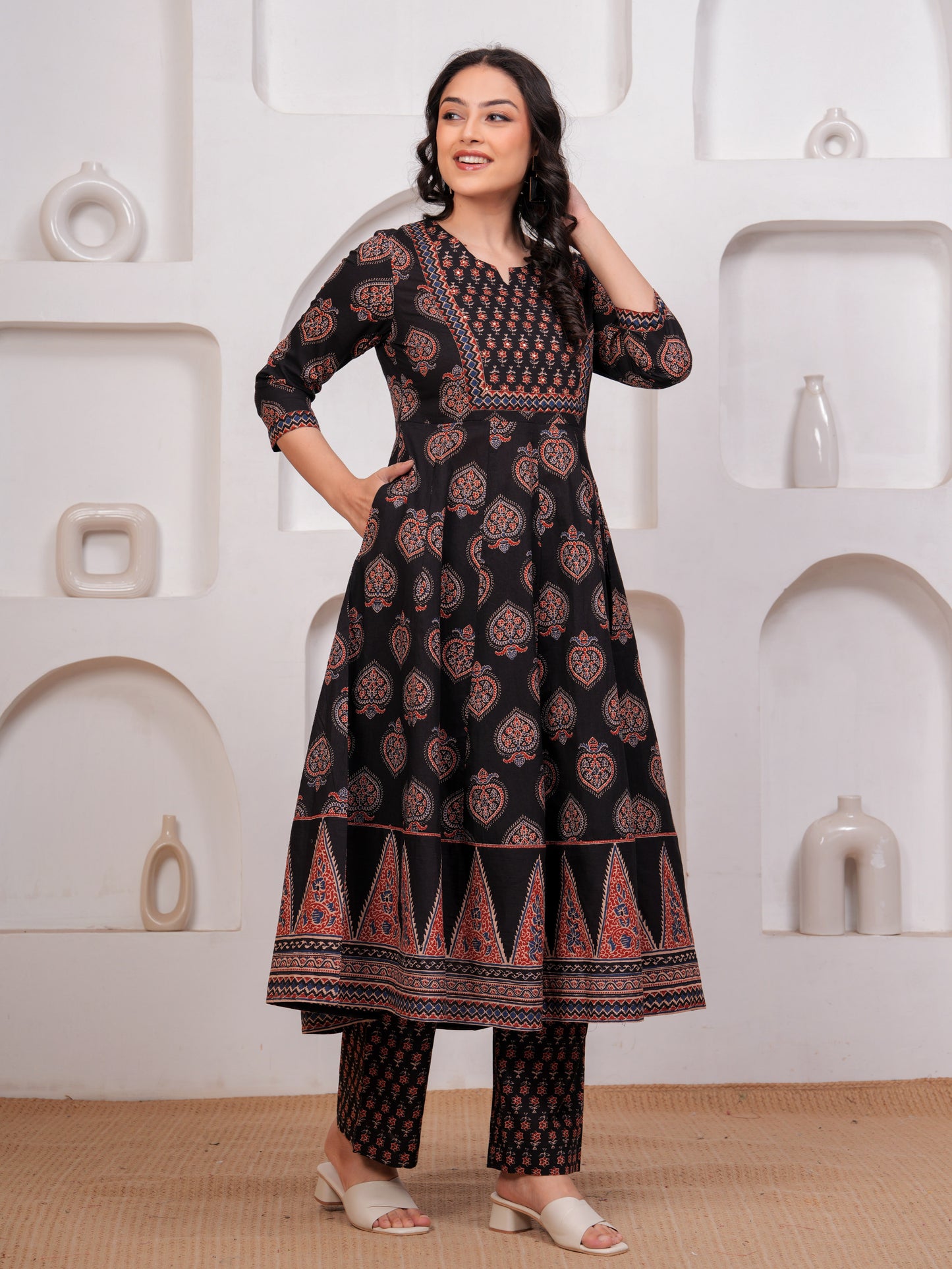 Embroidered Soft Cotton Butta Anarkali Black Kurta