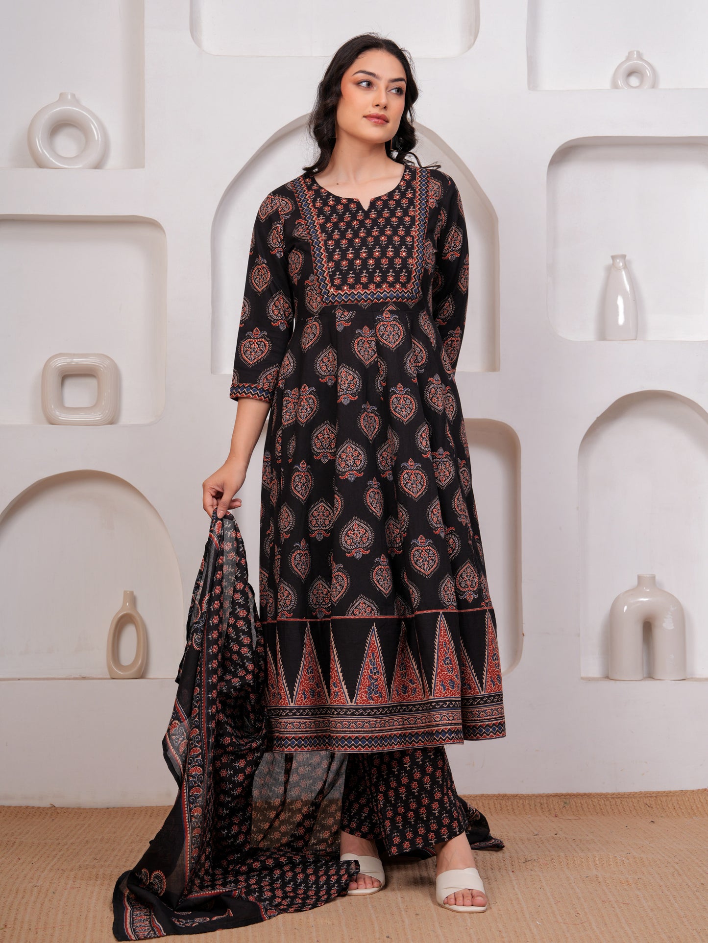 Embroidered Soft Cotton Butta Anarkali Black Kurta