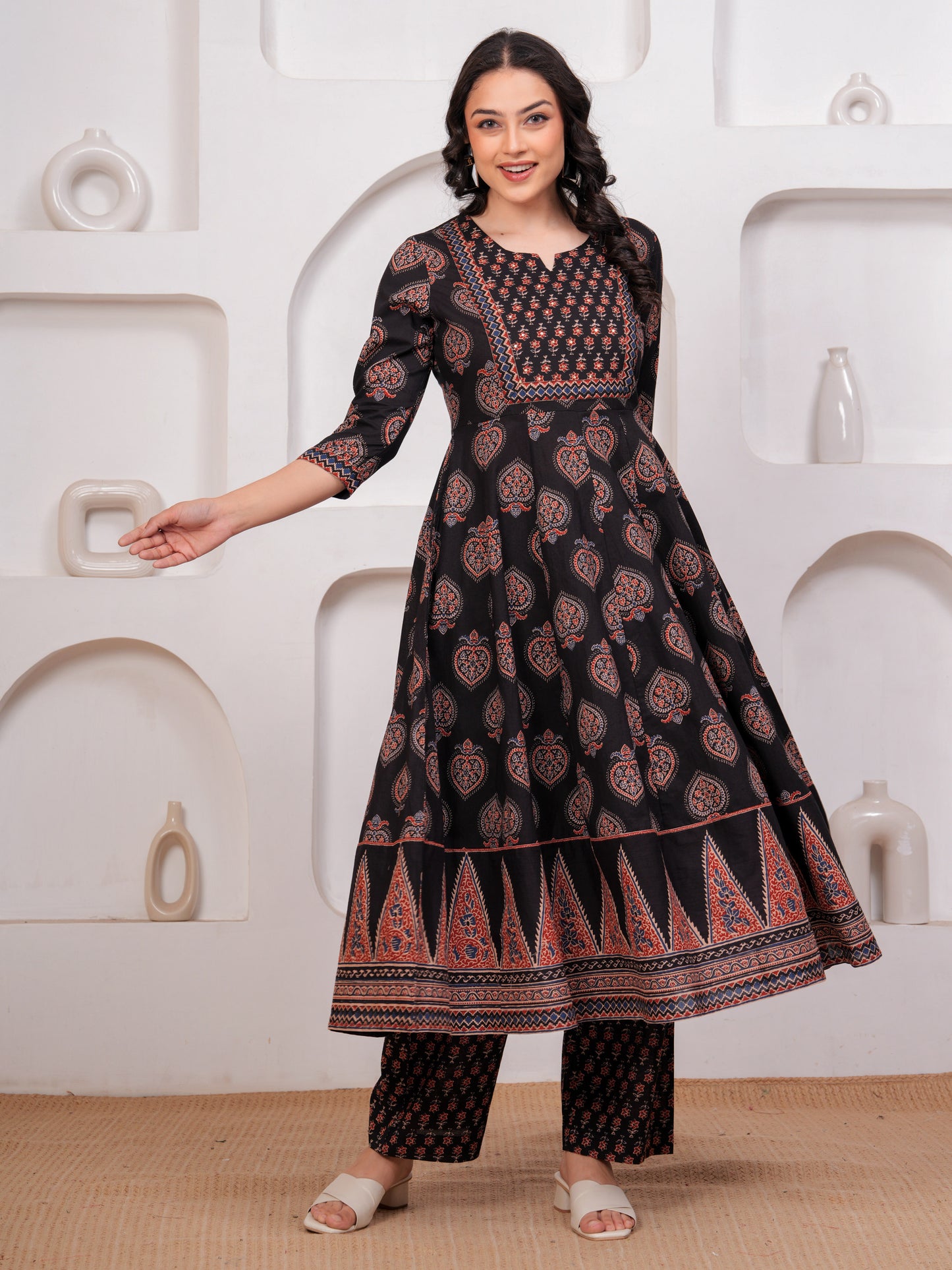 Embroidered Soft Cotton Butta Anarkali Black Kurta