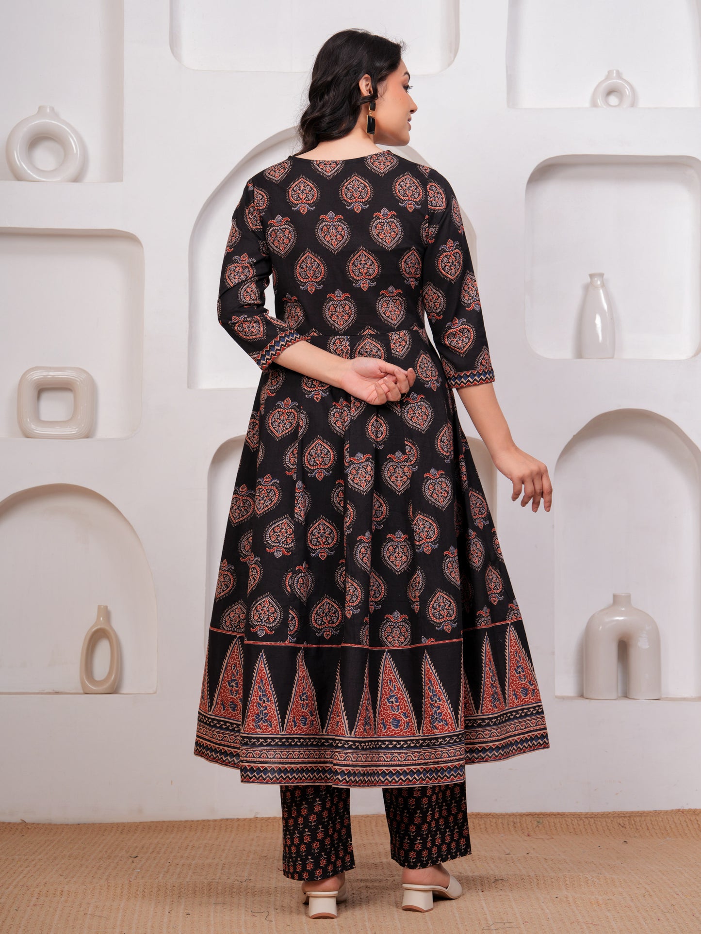 Embroidered Soft Cotton Butta Anarkali Black Kurta