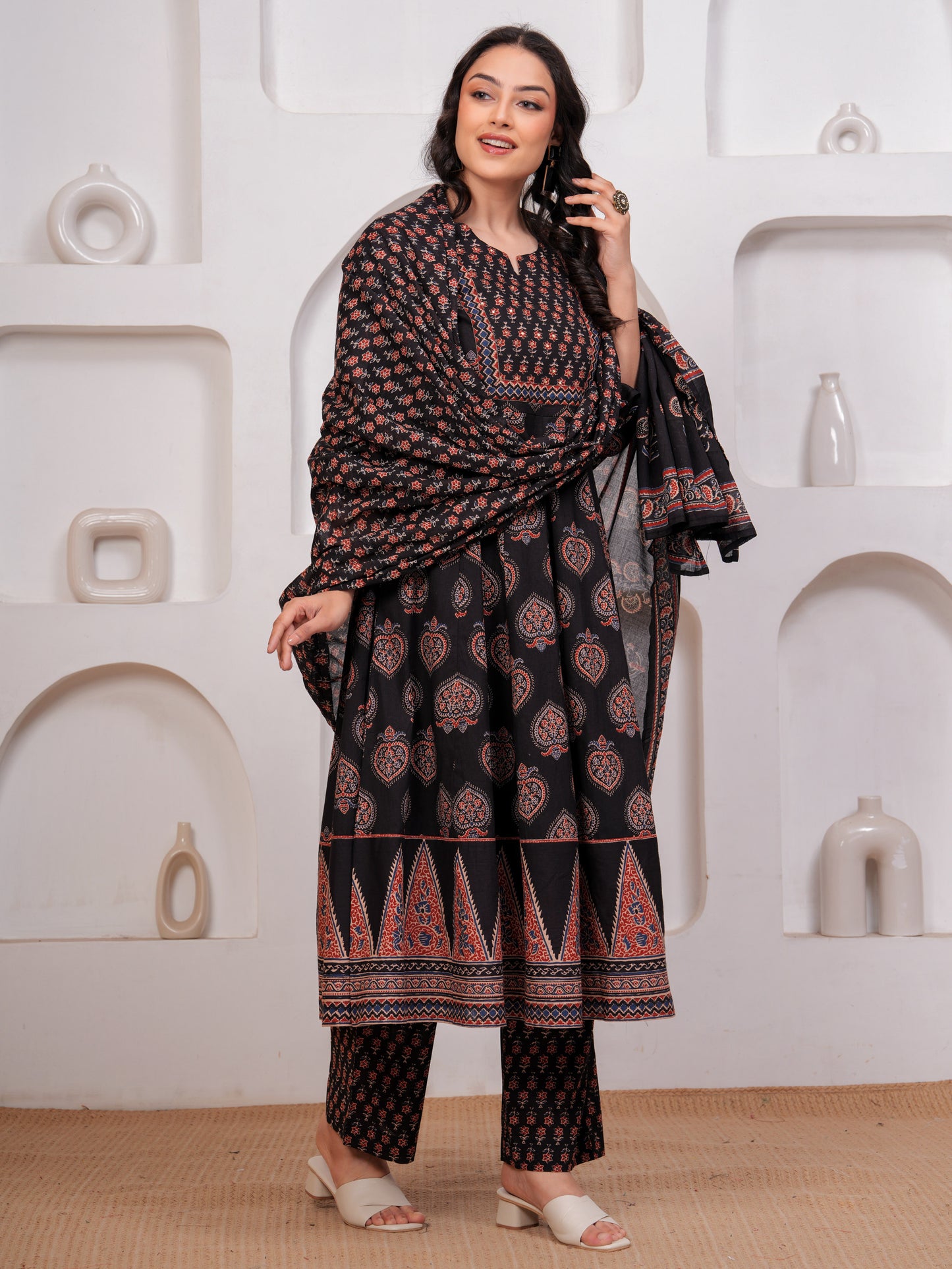 Embroidered Soft Cotton Butta Anarkali Black Kurta
