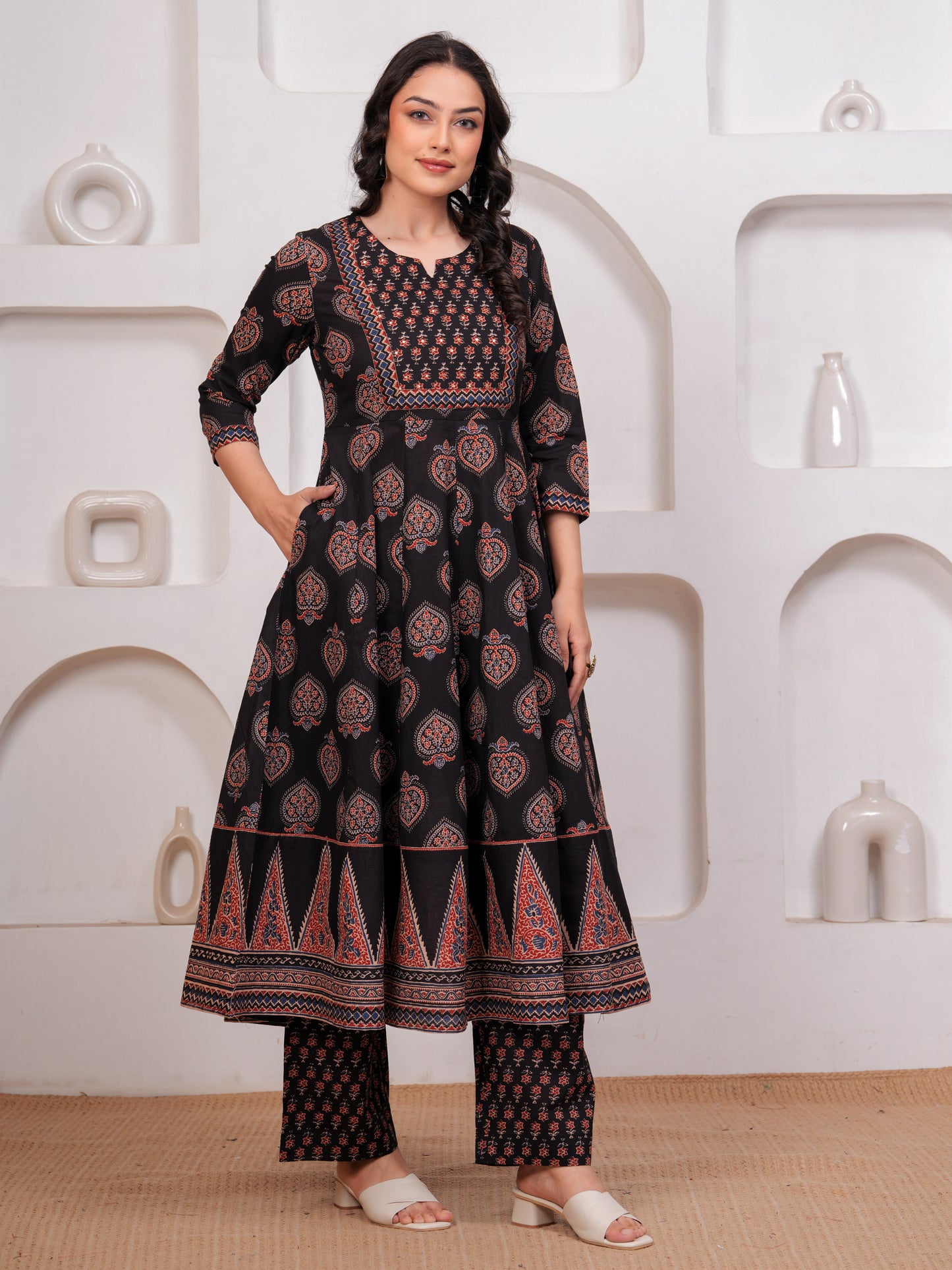 Embroidered Soft Cotton Butta Anarkali Black Kurta