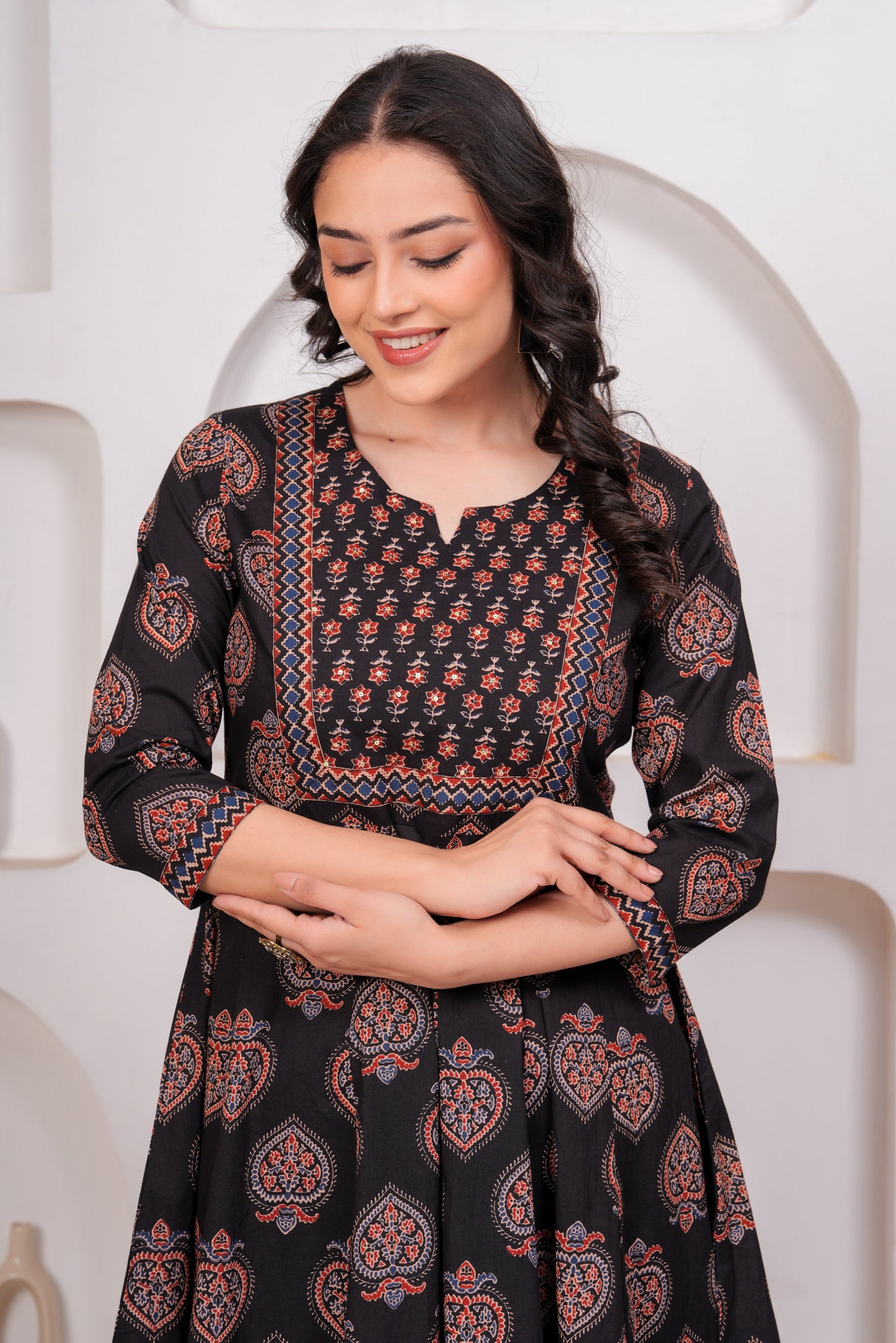 Embroidered Soft Cotton Butta Anarkali Black Kurta