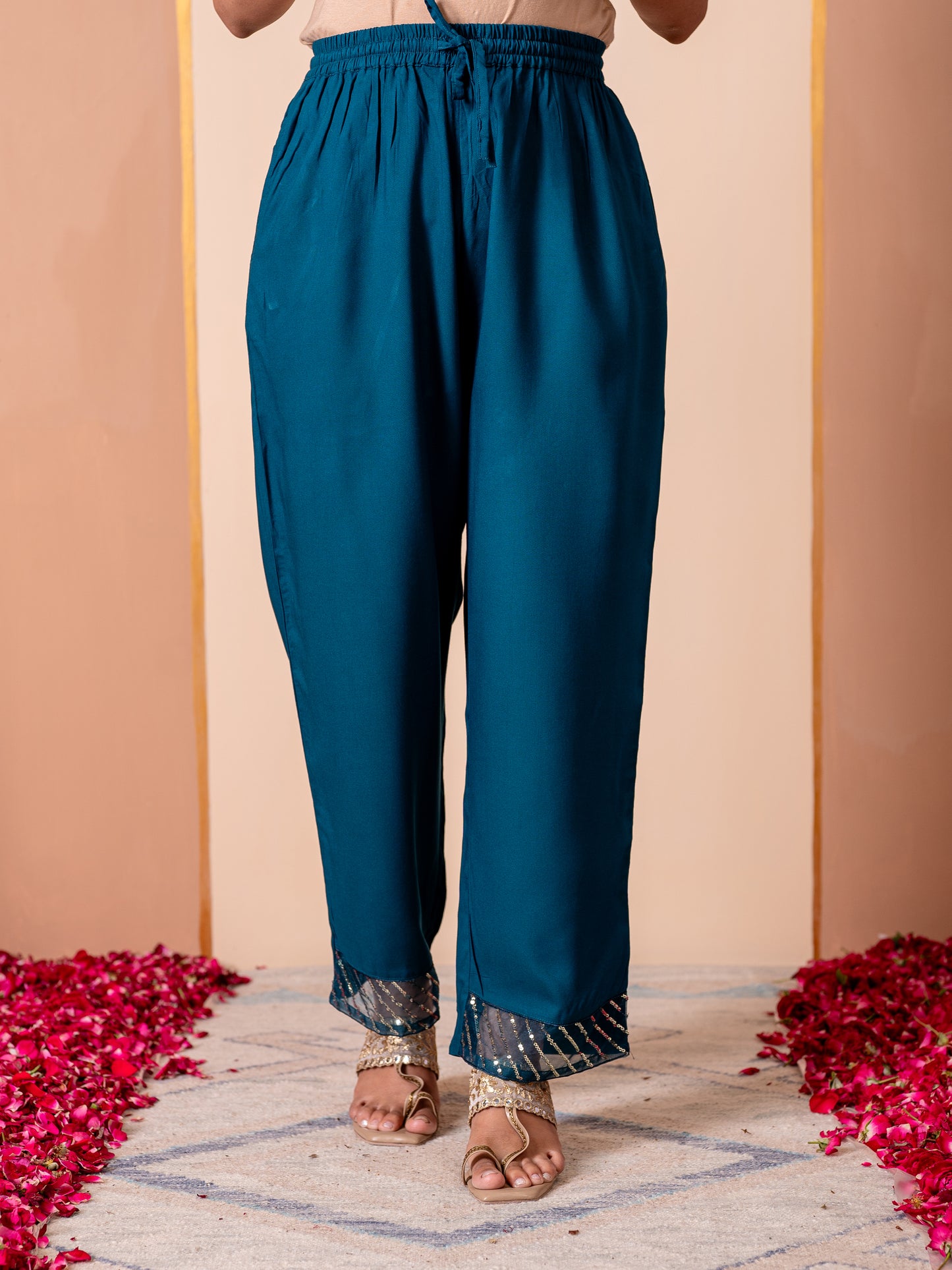 Embroidered Viscose Solid Teal Straight Trousers