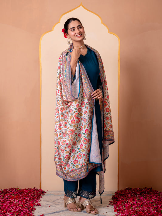 Blended Silk Floral Cream Dupatta
