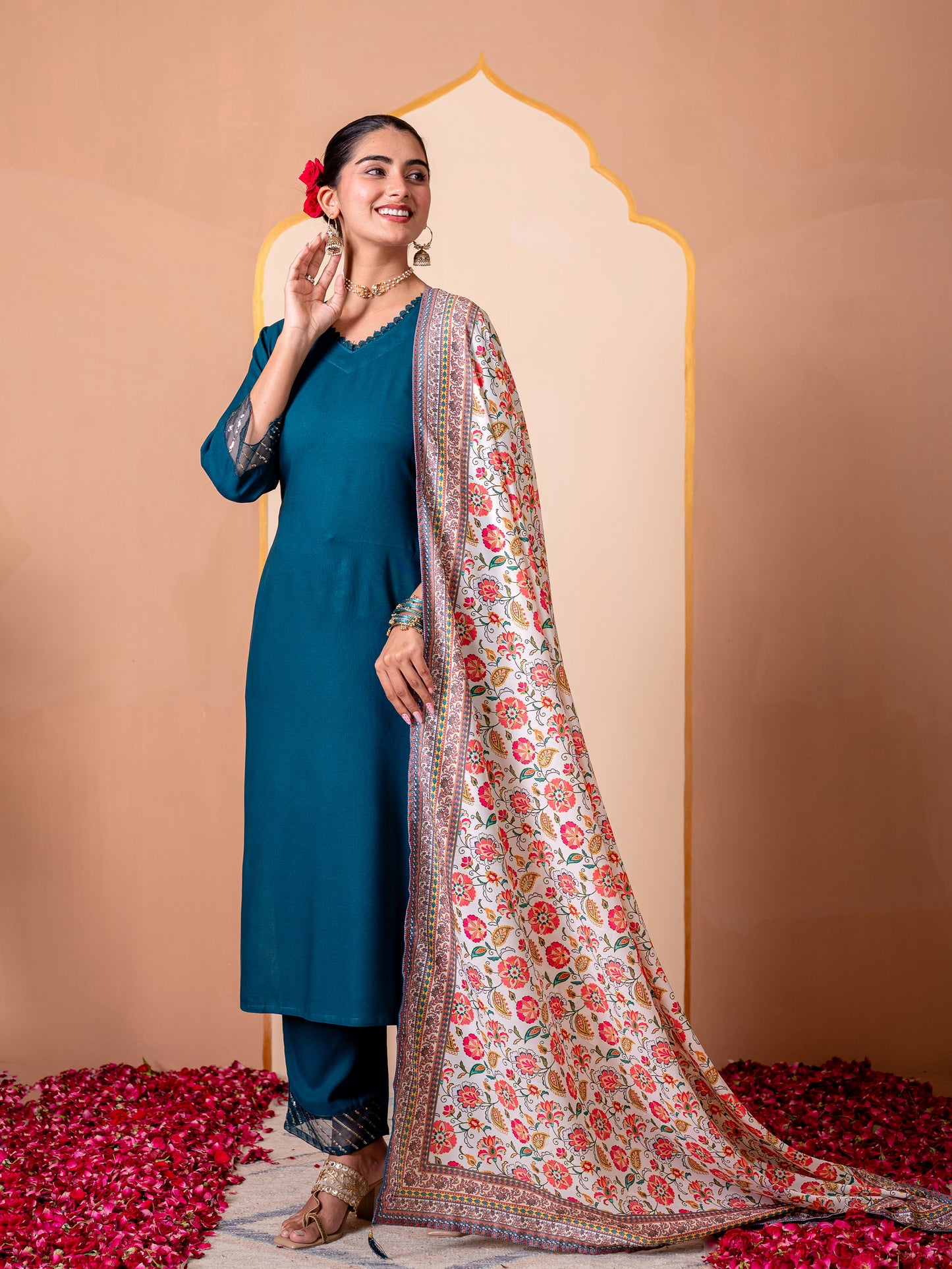 Embroidered Viscose Solid Straight Teal Kurta