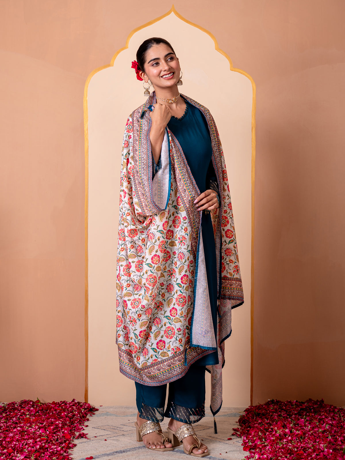 Embroidered Viscose Solid Straight Teal Kurta