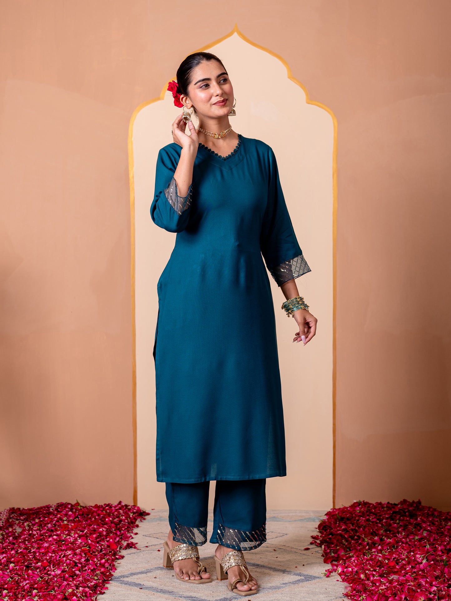 Embroidered Viscose Solid Straight Teal Kurta