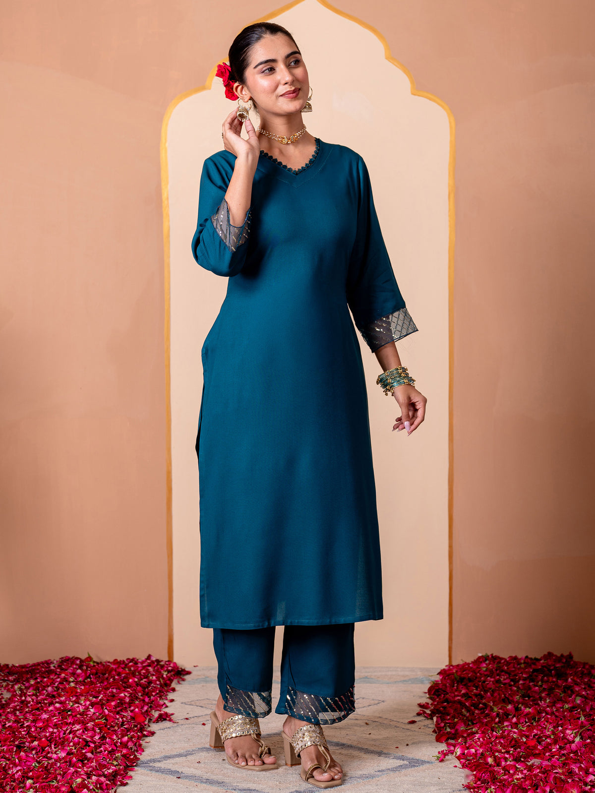 Embroidered Viscose Solid Straight Teal Kurta