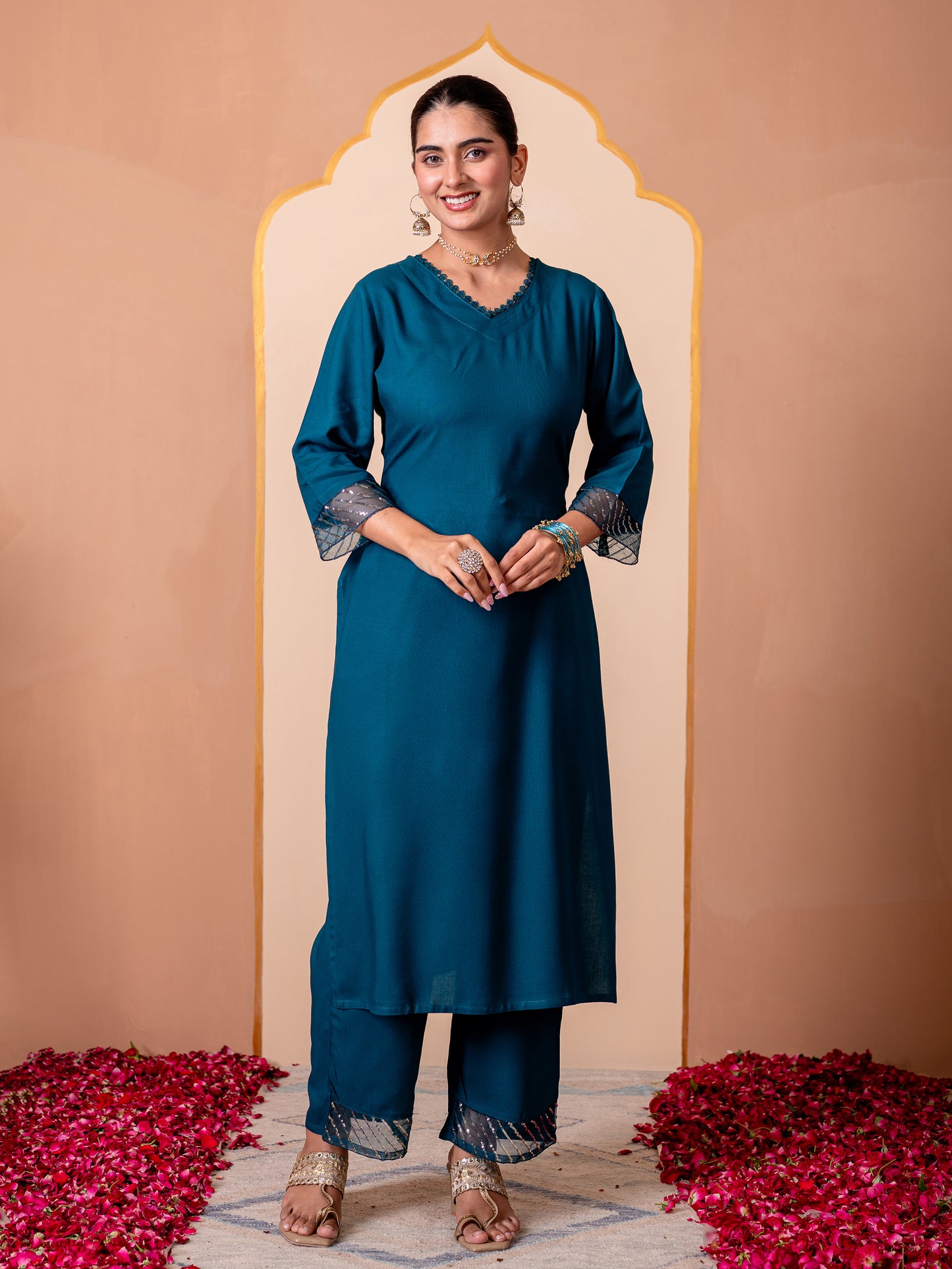 Embroidered Viscose Solid Straight Teal Kurta