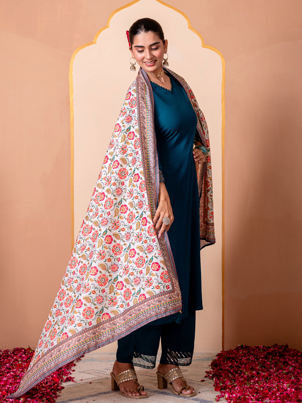 Embroidered Viscose Solid Straight Teal Kurta