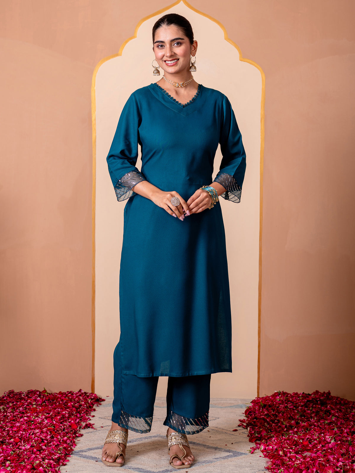 Embroidered Viscose Solid Straight Teal Kurta