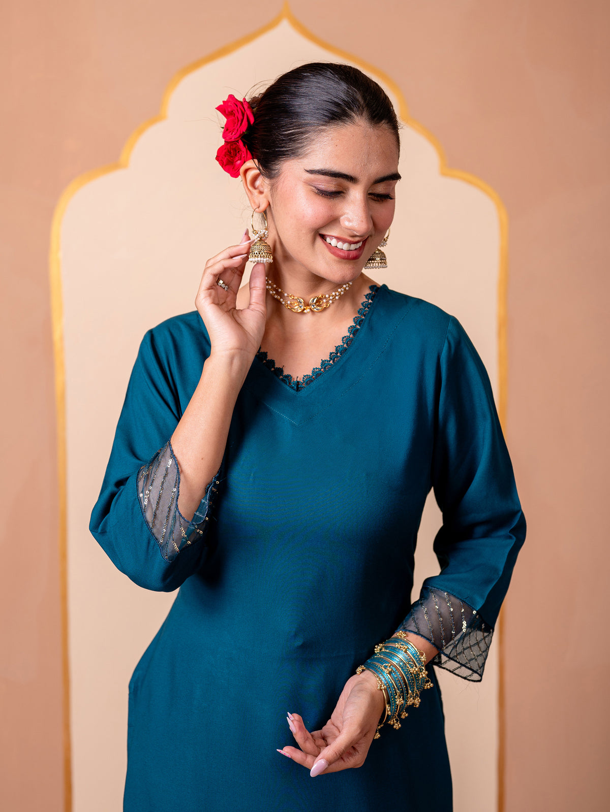 Embroidered Viscose Solid Straight Teal Kurta