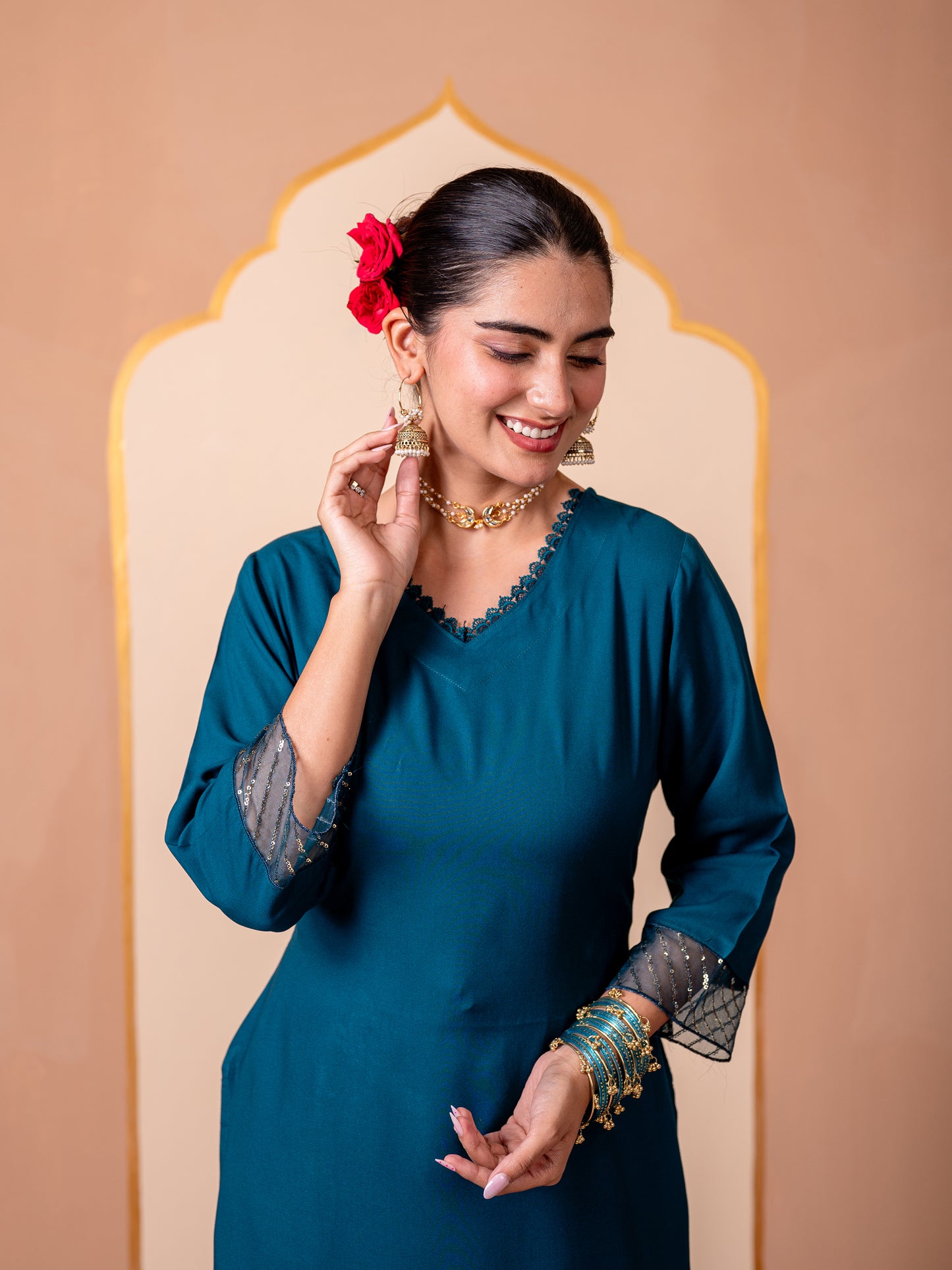 Embroidered Viscose Solid Straight Teal Kurta