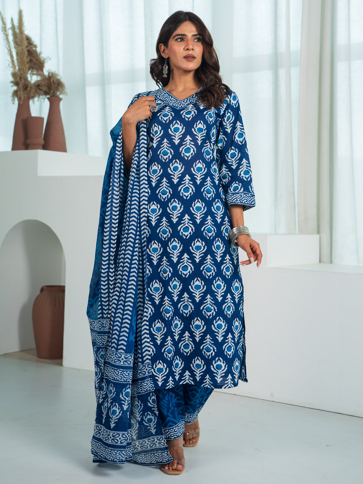 Soft Cotton Butta Straight Blue Kurta