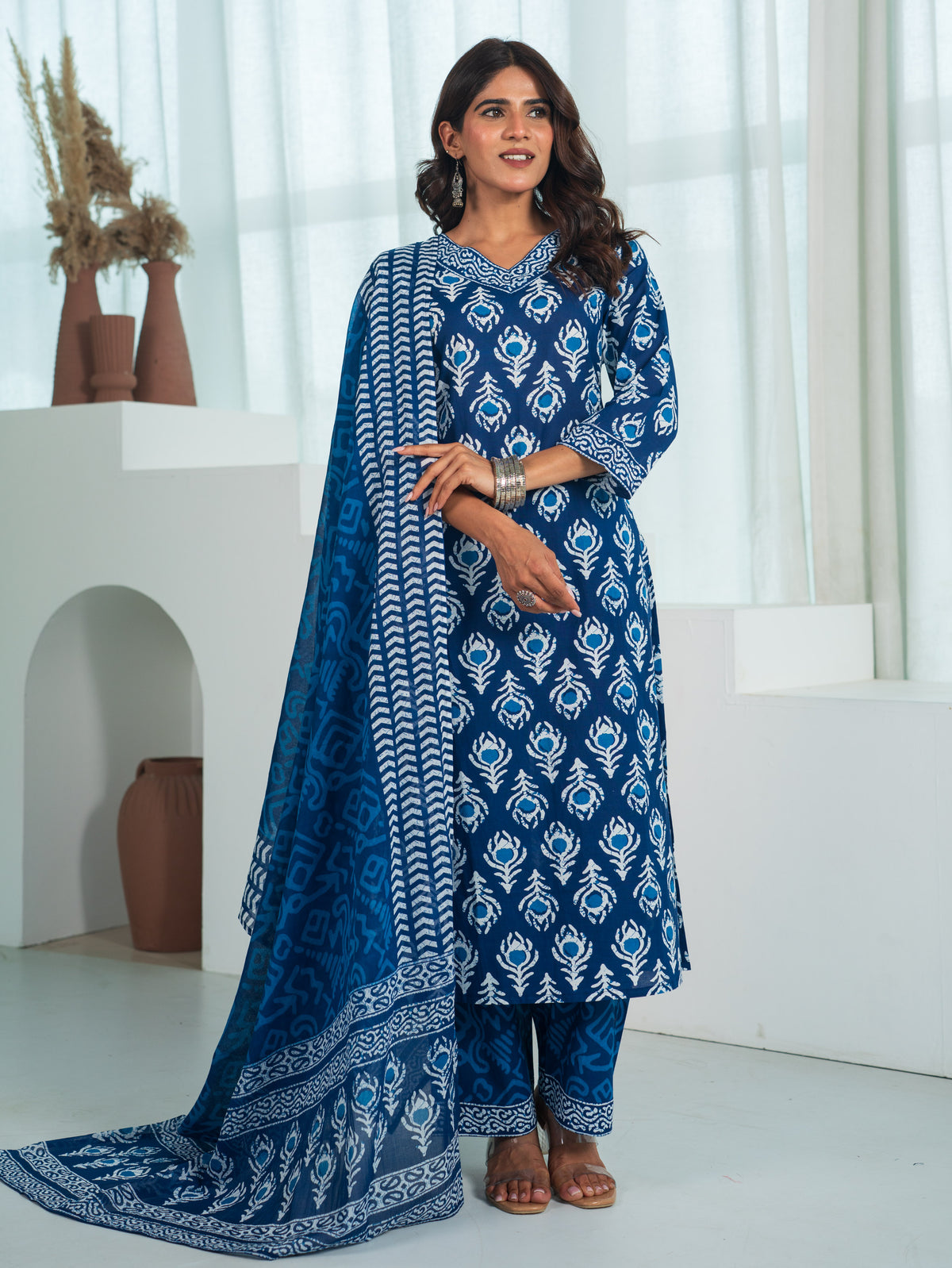 Soft Cotton Butta Straight Blue Kurta