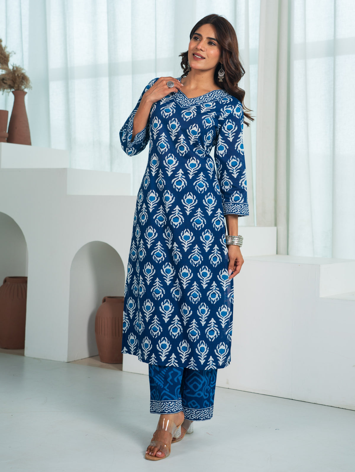 Soft Cotton Butta Straight Blue Kurta