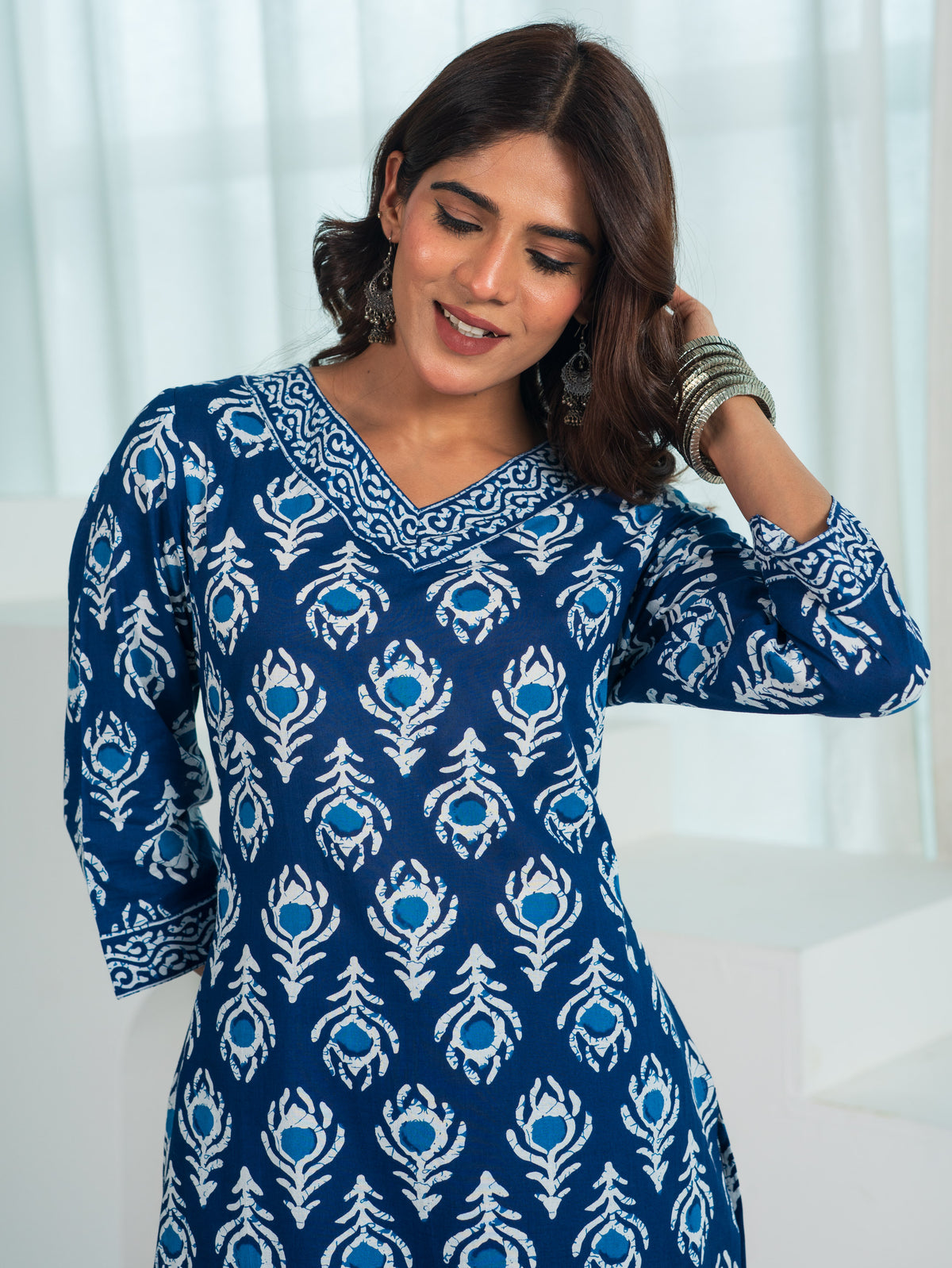 Soft Cotton Butta Straight Blue Kurta