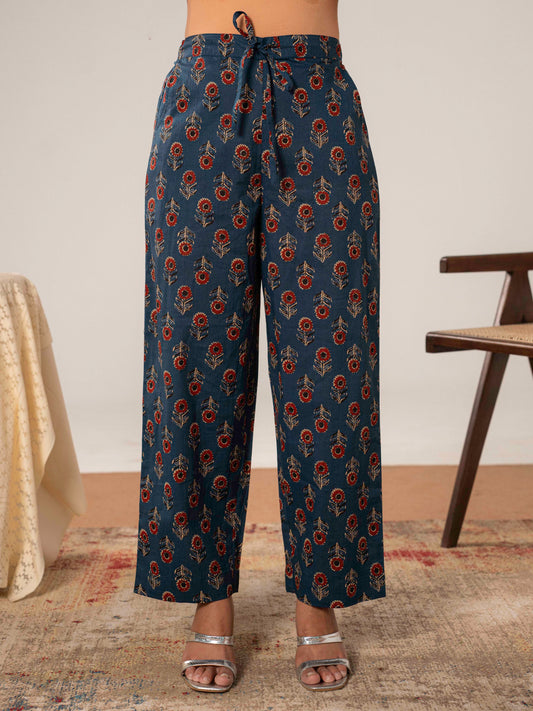 Soft cotton Butta Indigo blue Straight Trousers