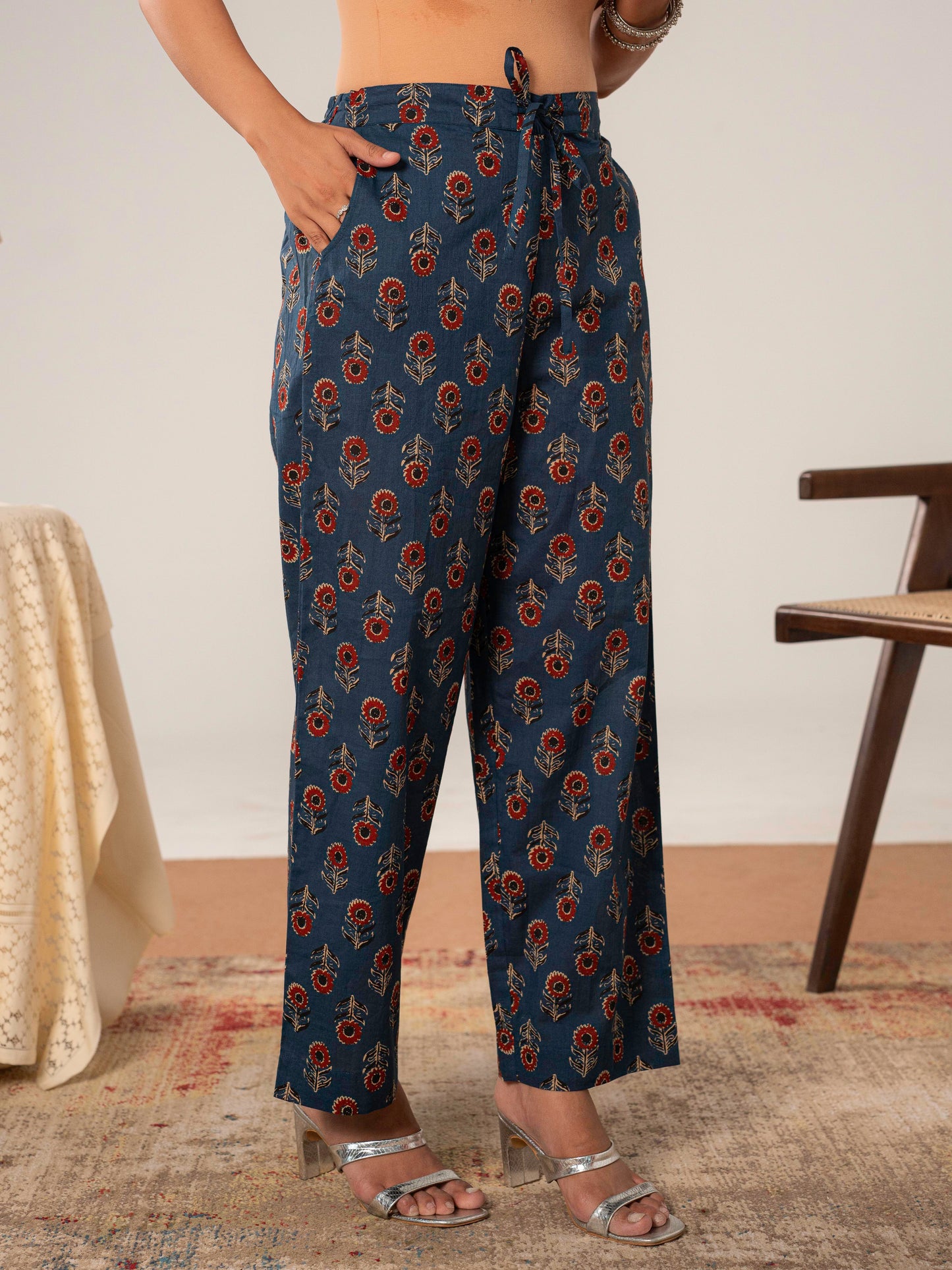 Soft cotton Butta Indigo blue Straight Trousers
