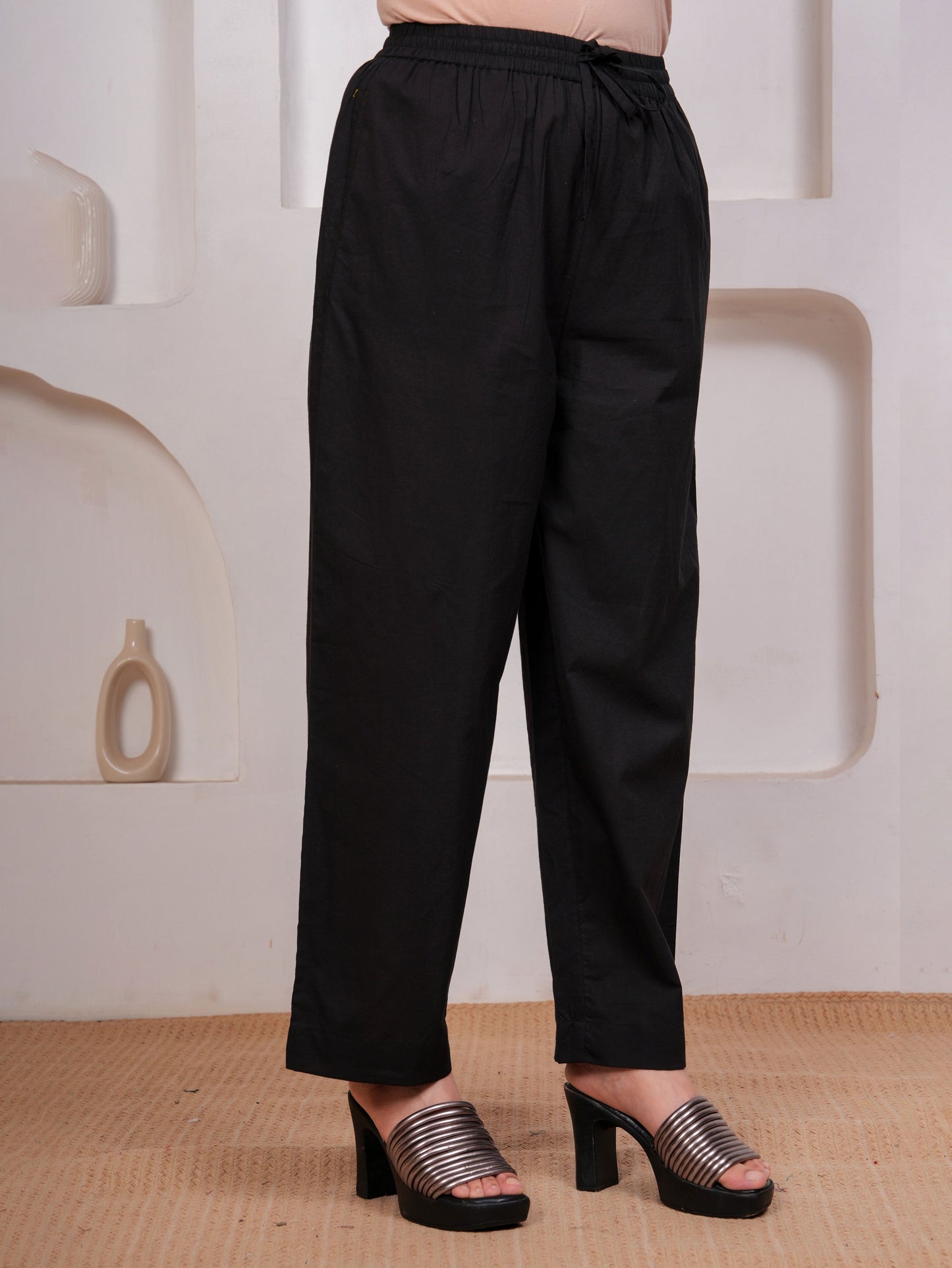 Soft Cotton Solid Black Straight Trousers