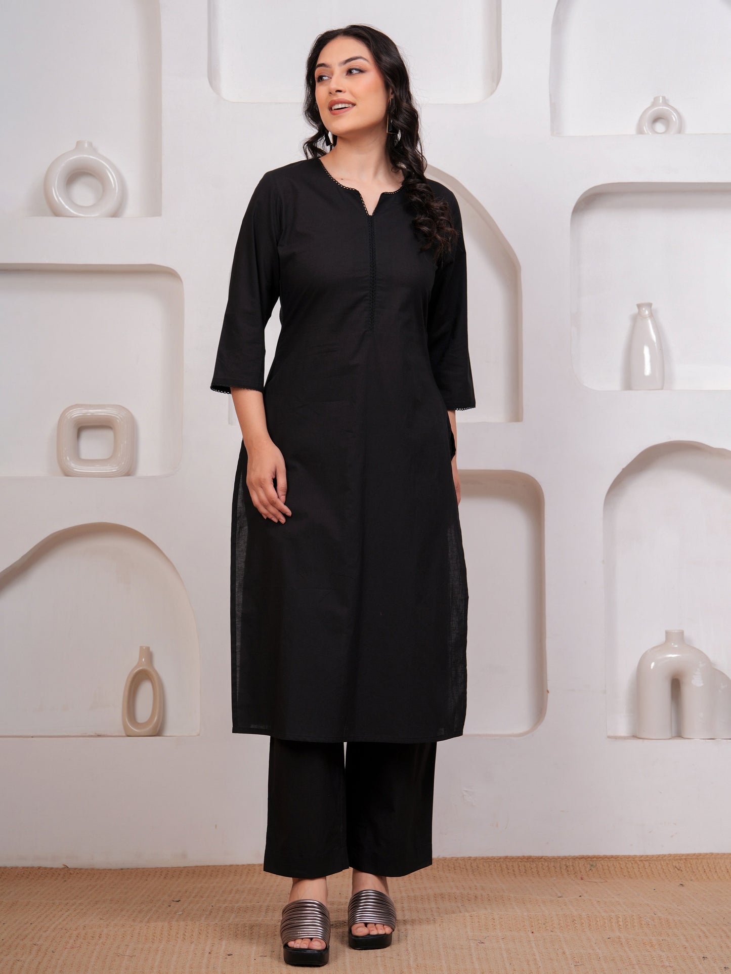 Soft Cotton Solid Straight Black Kurta