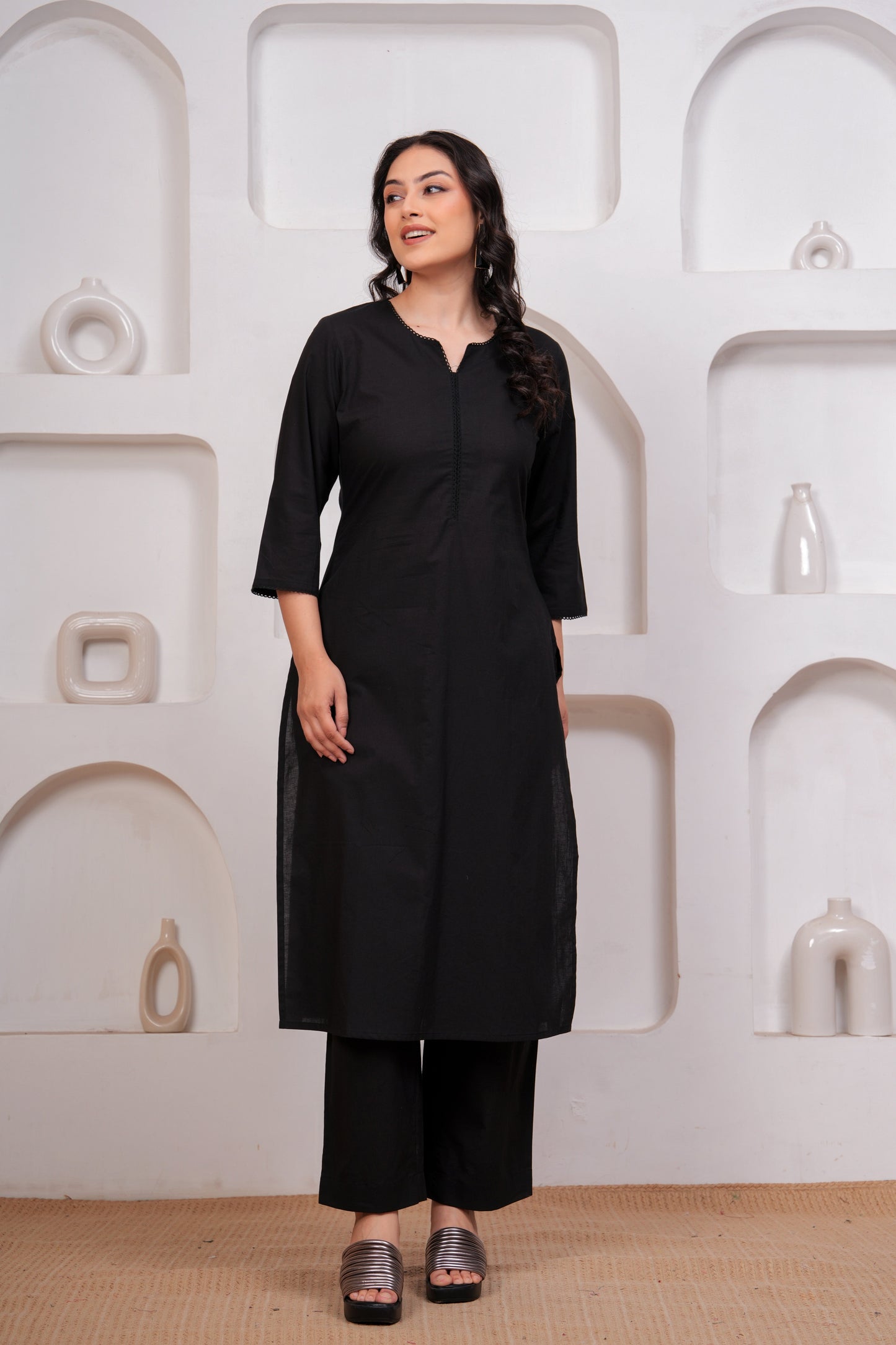 Soft Cotton Solid Straight Black Kurta