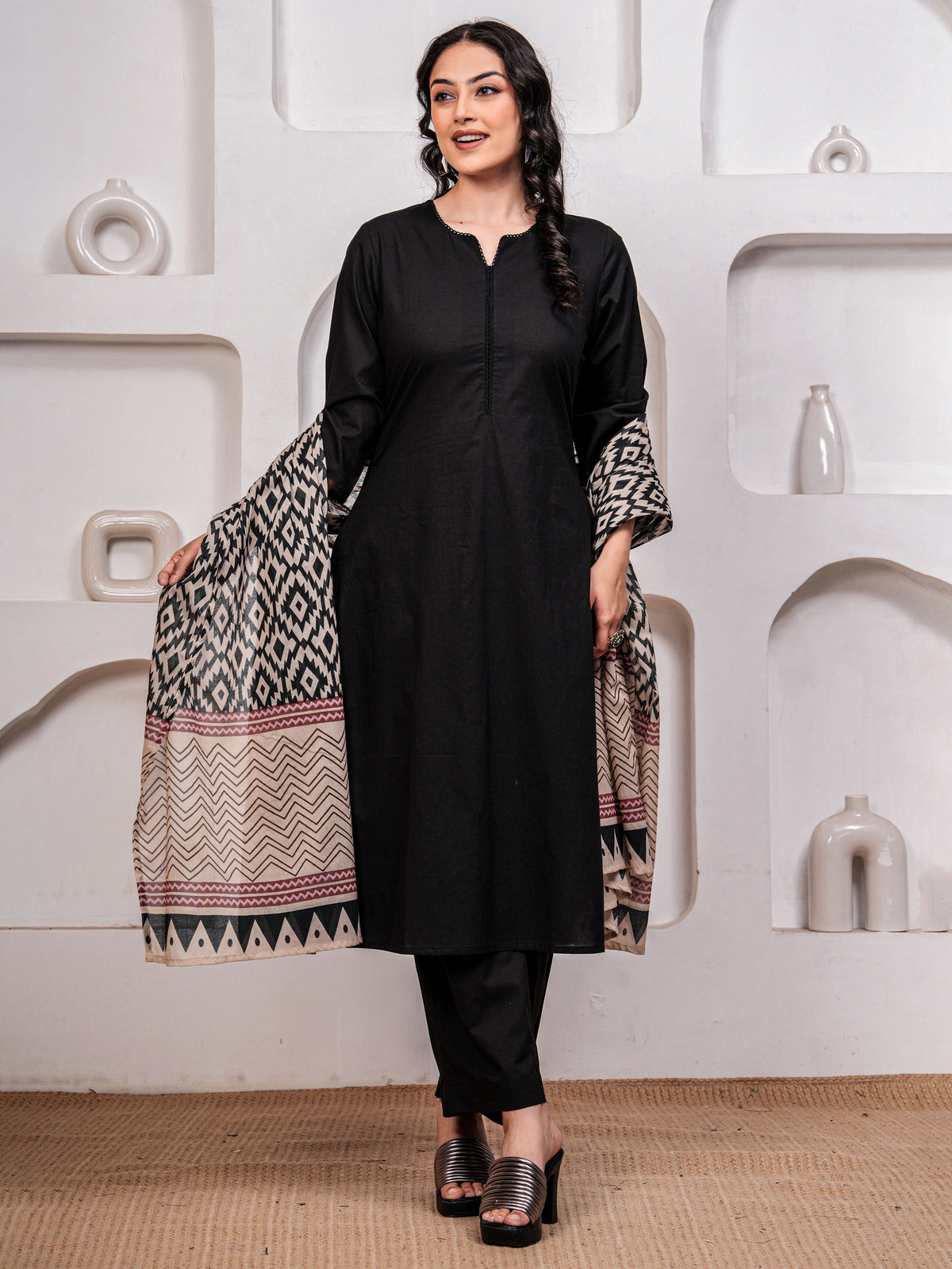 Soft Cotton Solid Straight Black Kurta