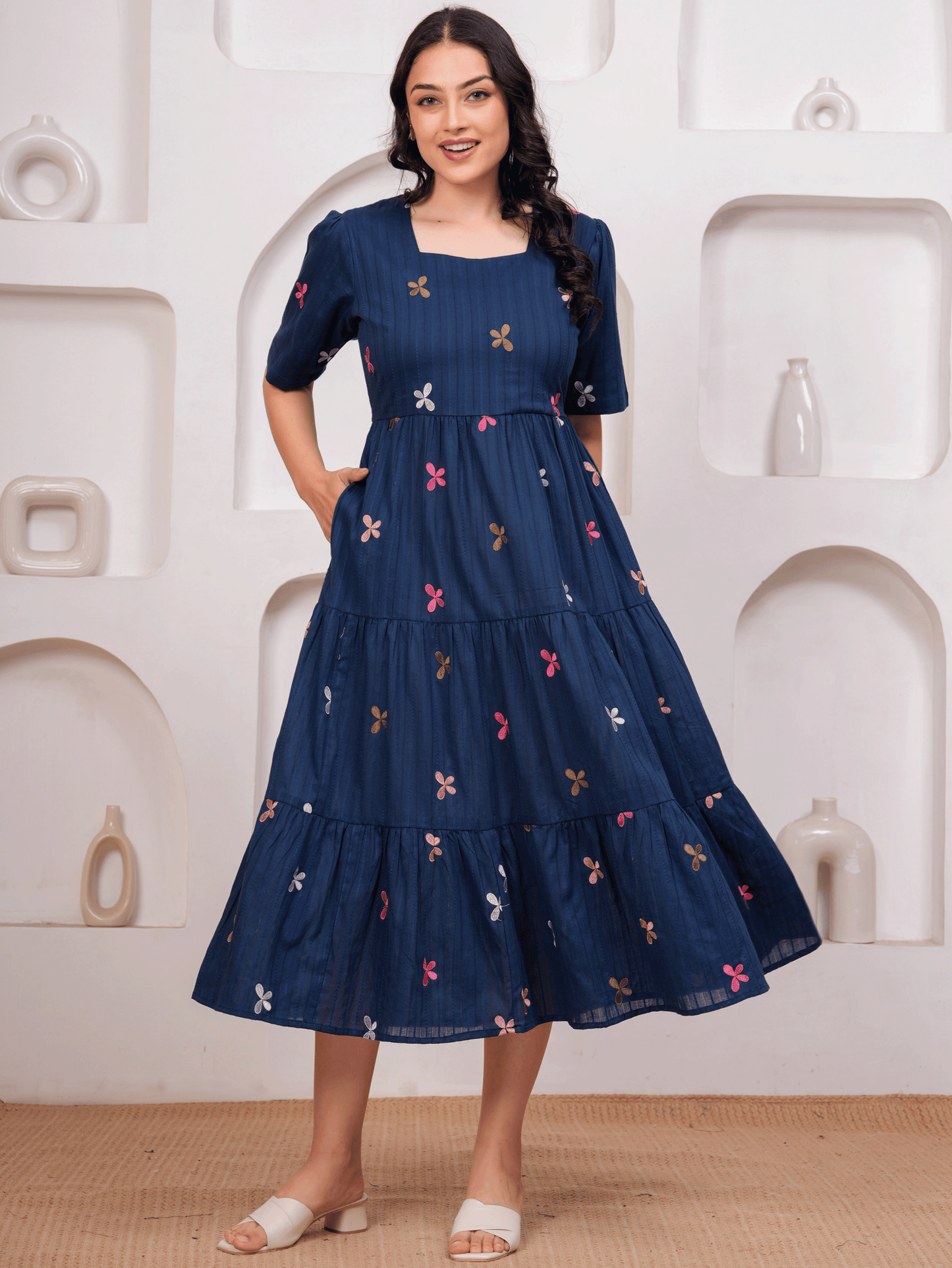 Embroidered Cotton Dobby Solid Anarkali Navy Blue Dress