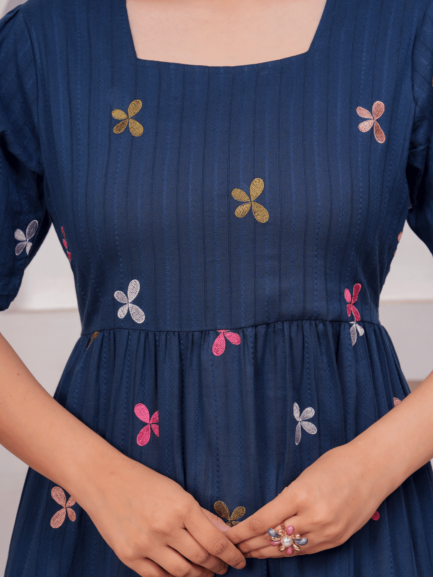 Embroidered Cotton Dobby Solid Anarkali Navy Blue Dress