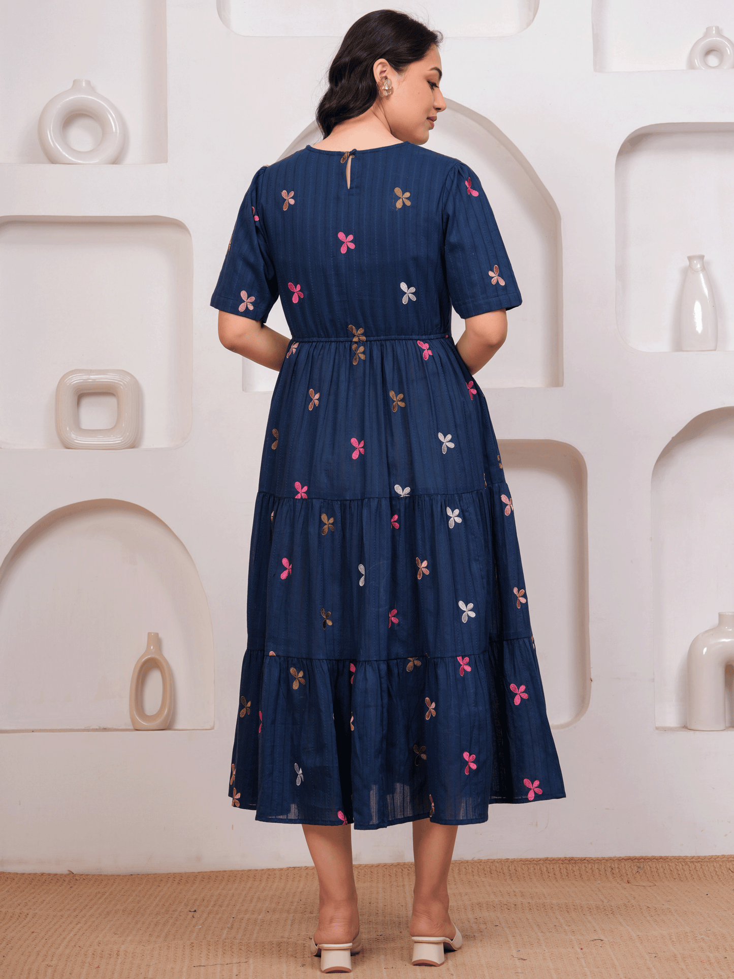 Embroidered Cotton Dobby Solid Anarkali Navy Blue Dress