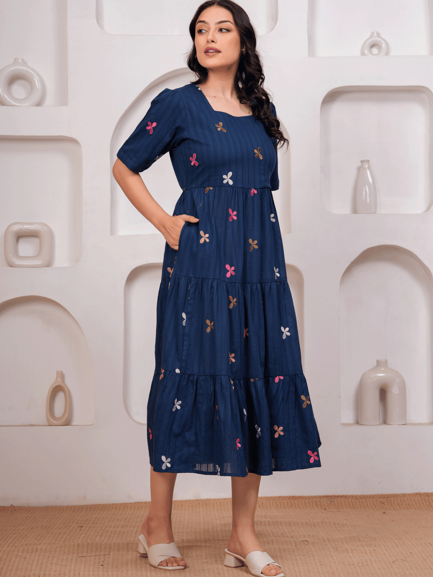 Embroidered Cotton Dobby Solid Anarkali Navy Blue Dress