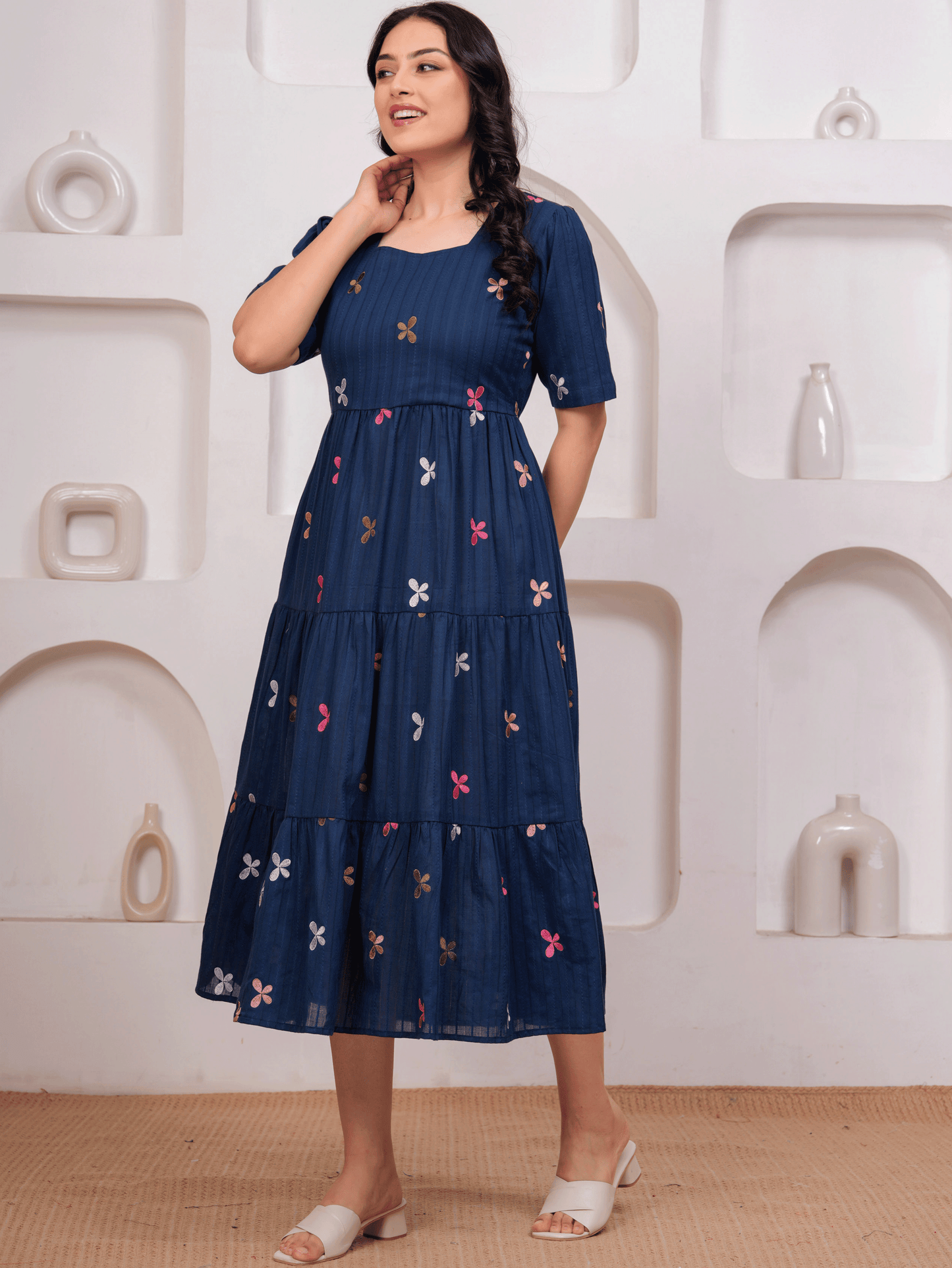 Embroidered Cotton Dobby Solid Anarkali Navy Blue Dress