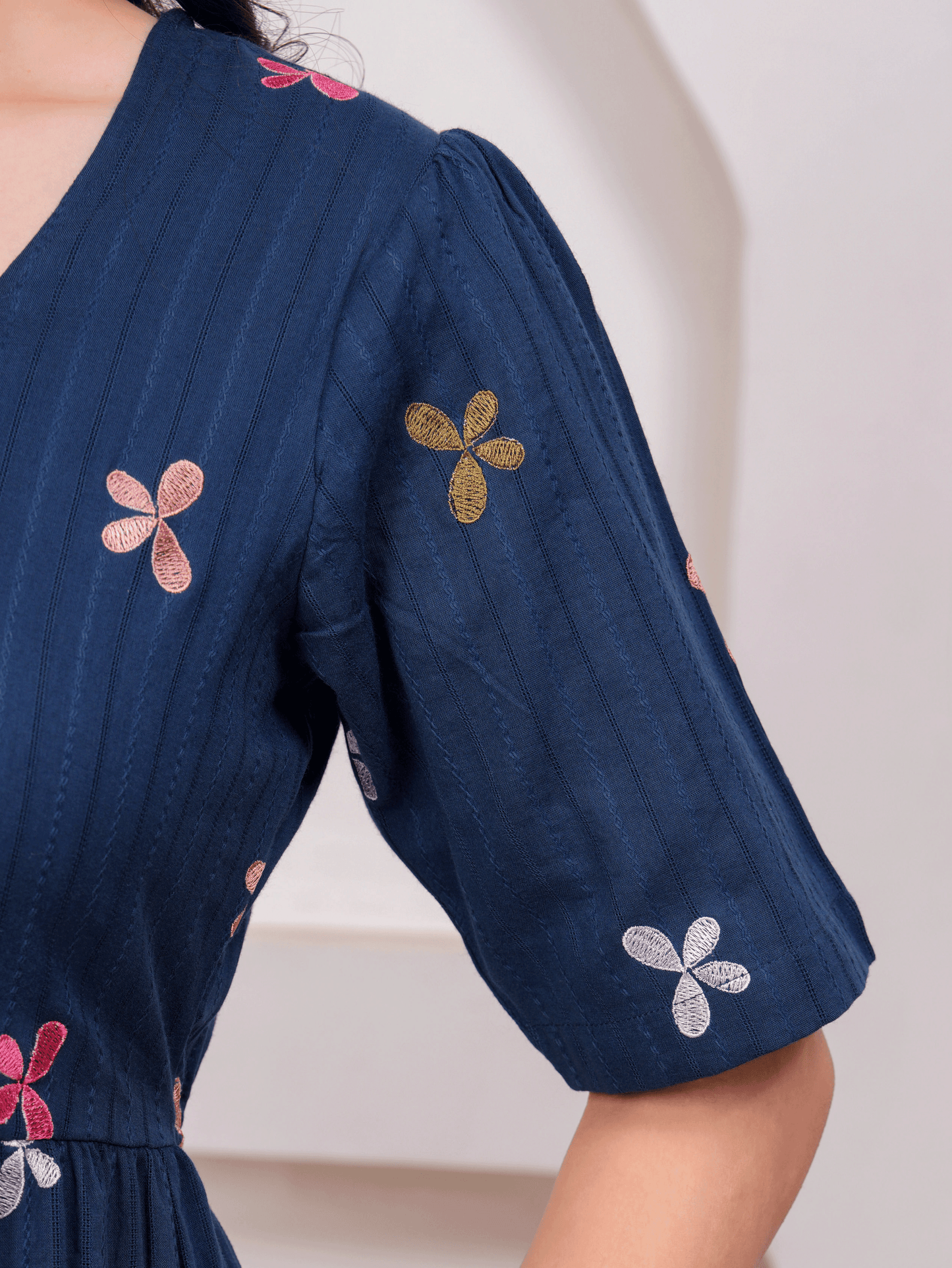 Embroidered Cotton Dobby Solid Anarkali Navy Blue Dress