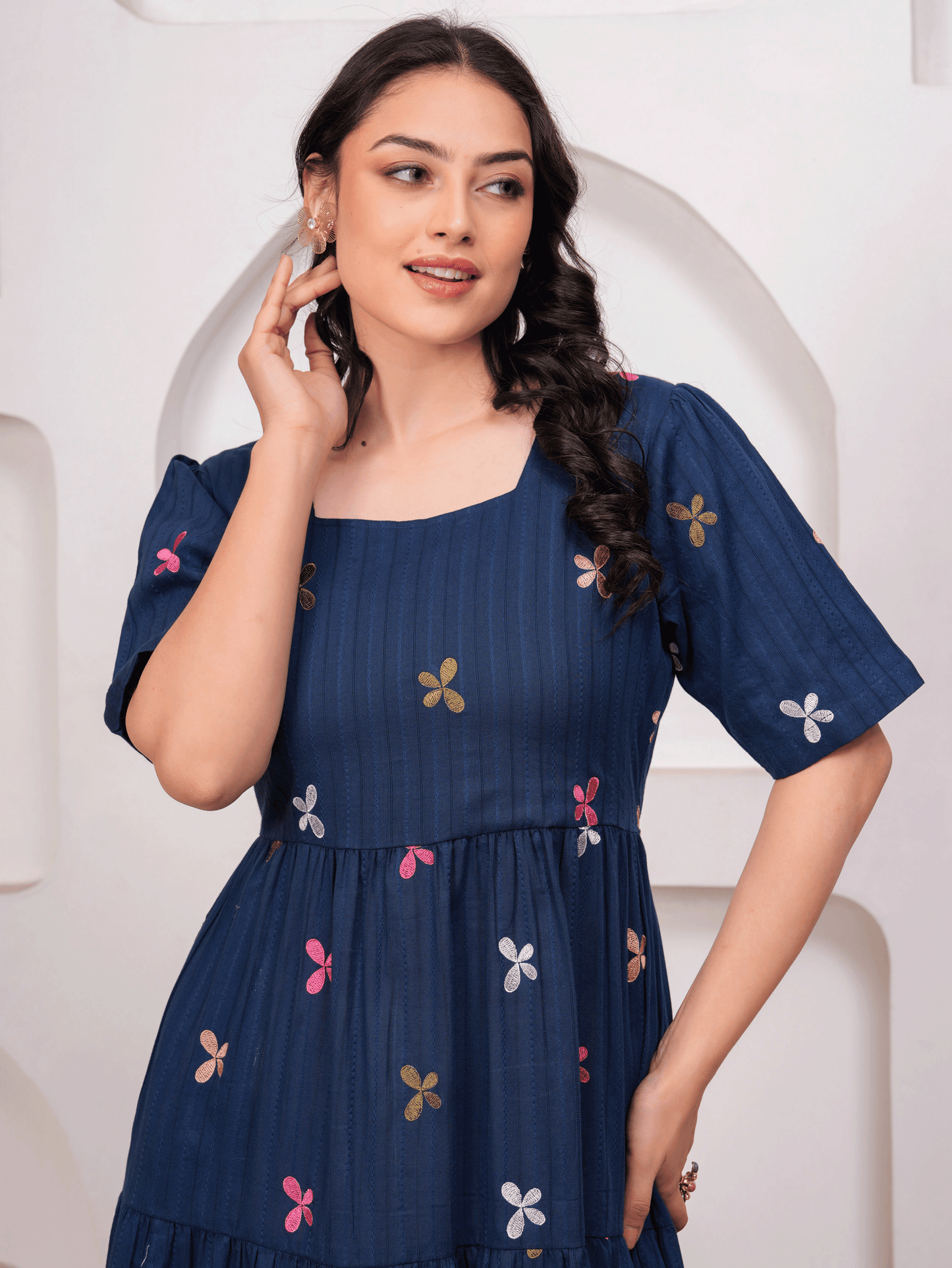 Embroidered Cotton Dobby Solid Anarkali Navy Blue Dress