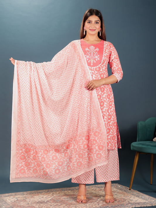 Soft Cotton Floral A-line Orange Kurta