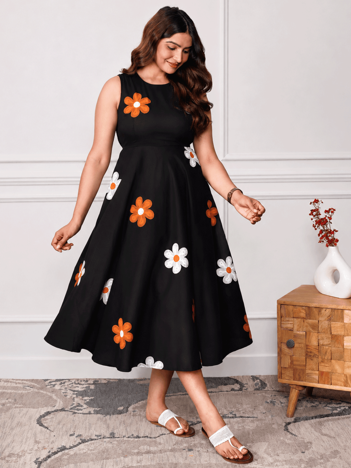 soft cotton floral anarkali black dress