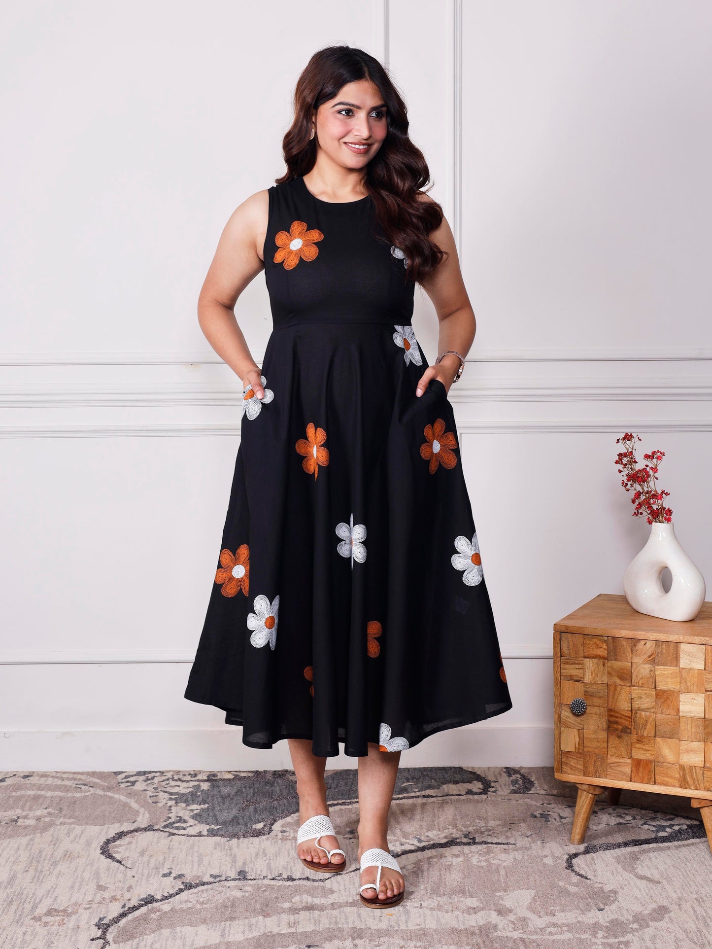 Soft cotton Floral Anarkali Black Dress