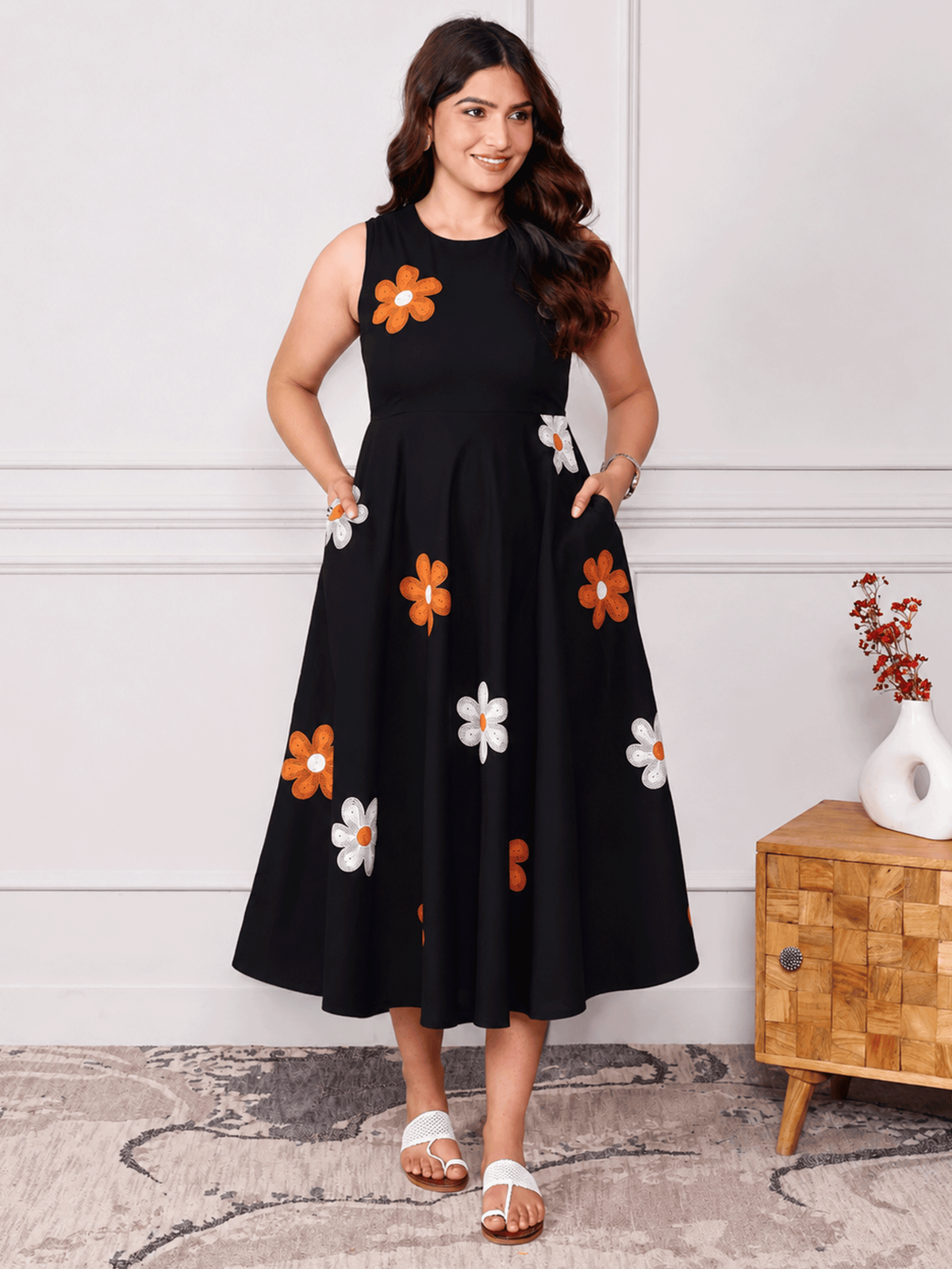 soft cotton floral anarkali black dress