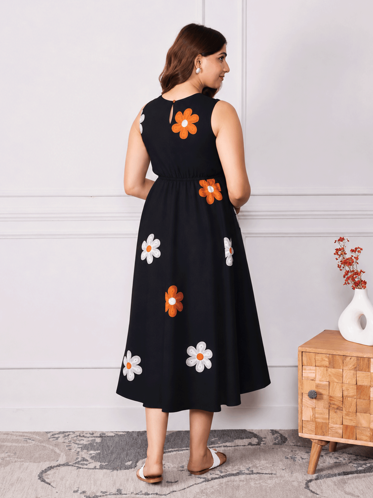soft cotton floral anarkali black dress